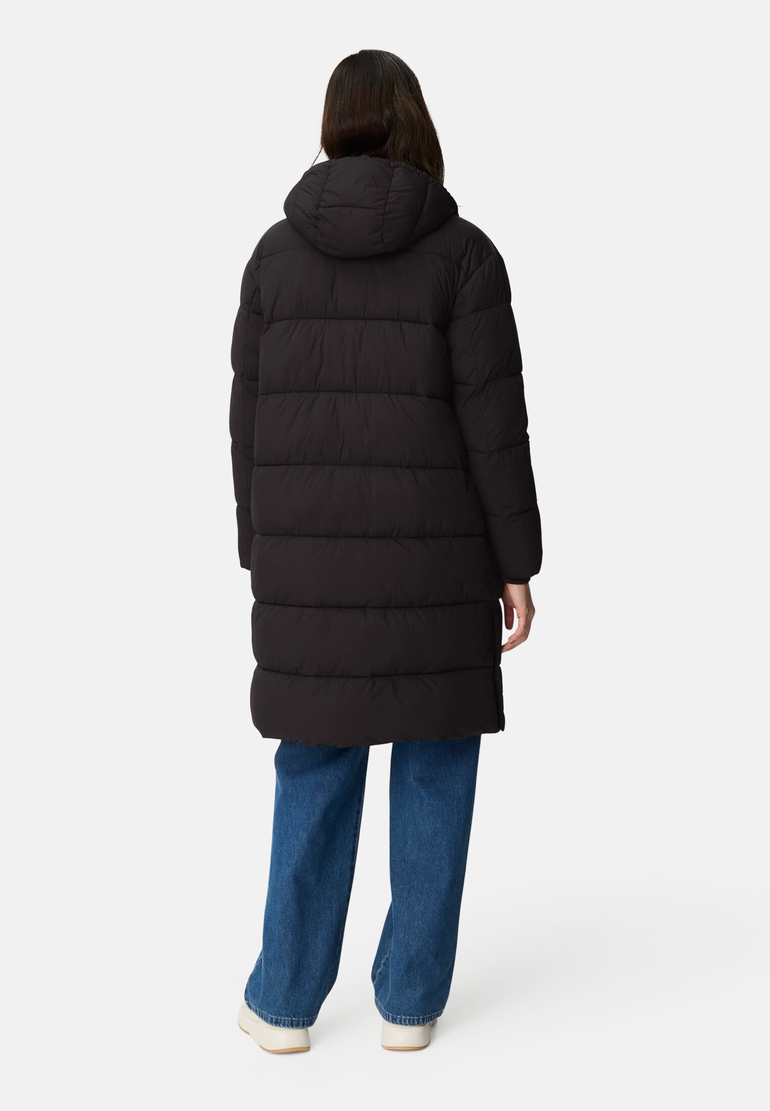Damen Steppmantel mit Kapuze Schwarz getragen hinten