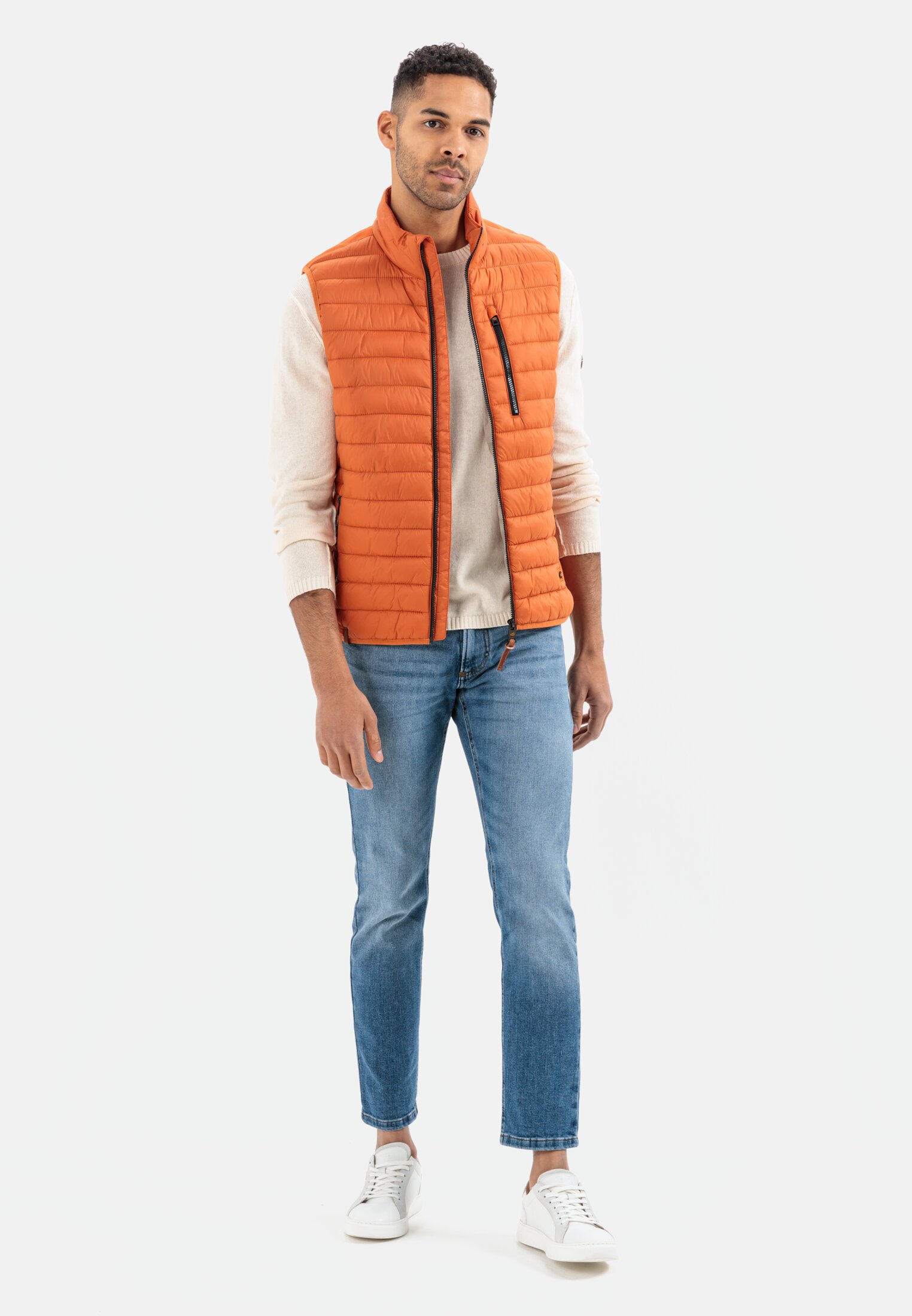 Men Quilted vest made from recycled polyester Orange worn front full body