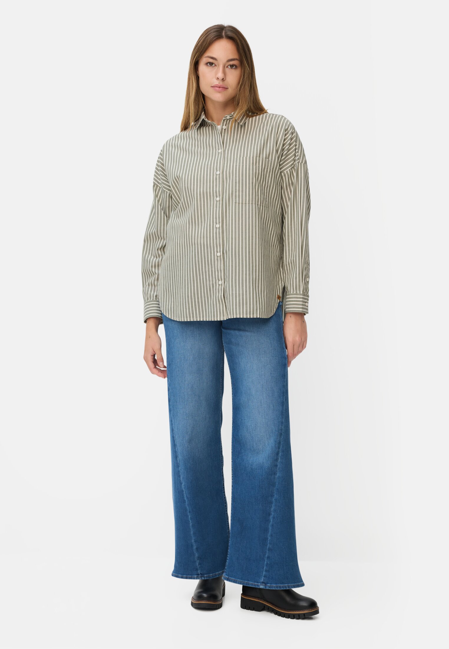 Women Cotton blouse with button placket Dark green worn front full body