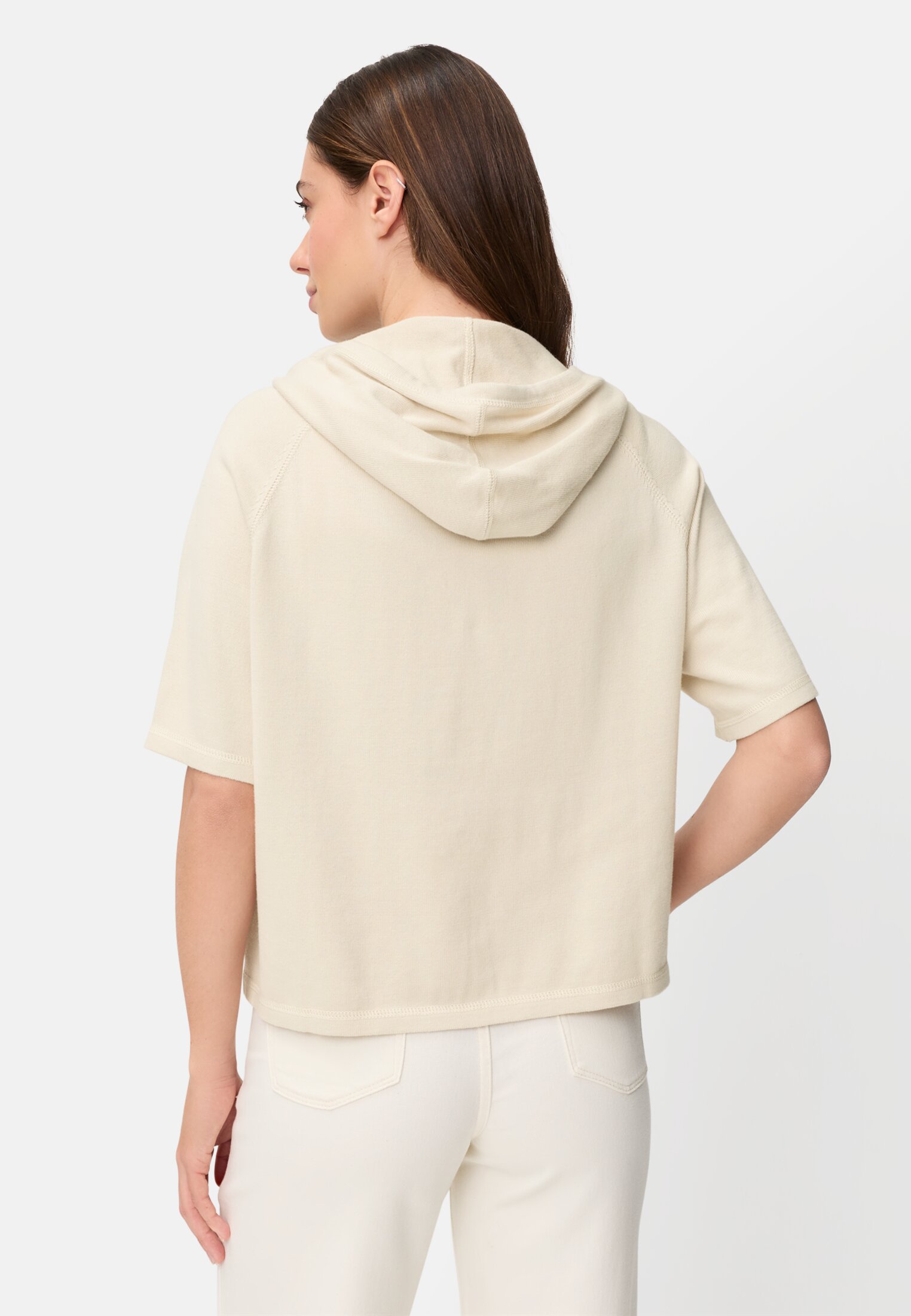 Damen Kurzarm Strickpullover mit Kapuze Perlweiß getragen hinten