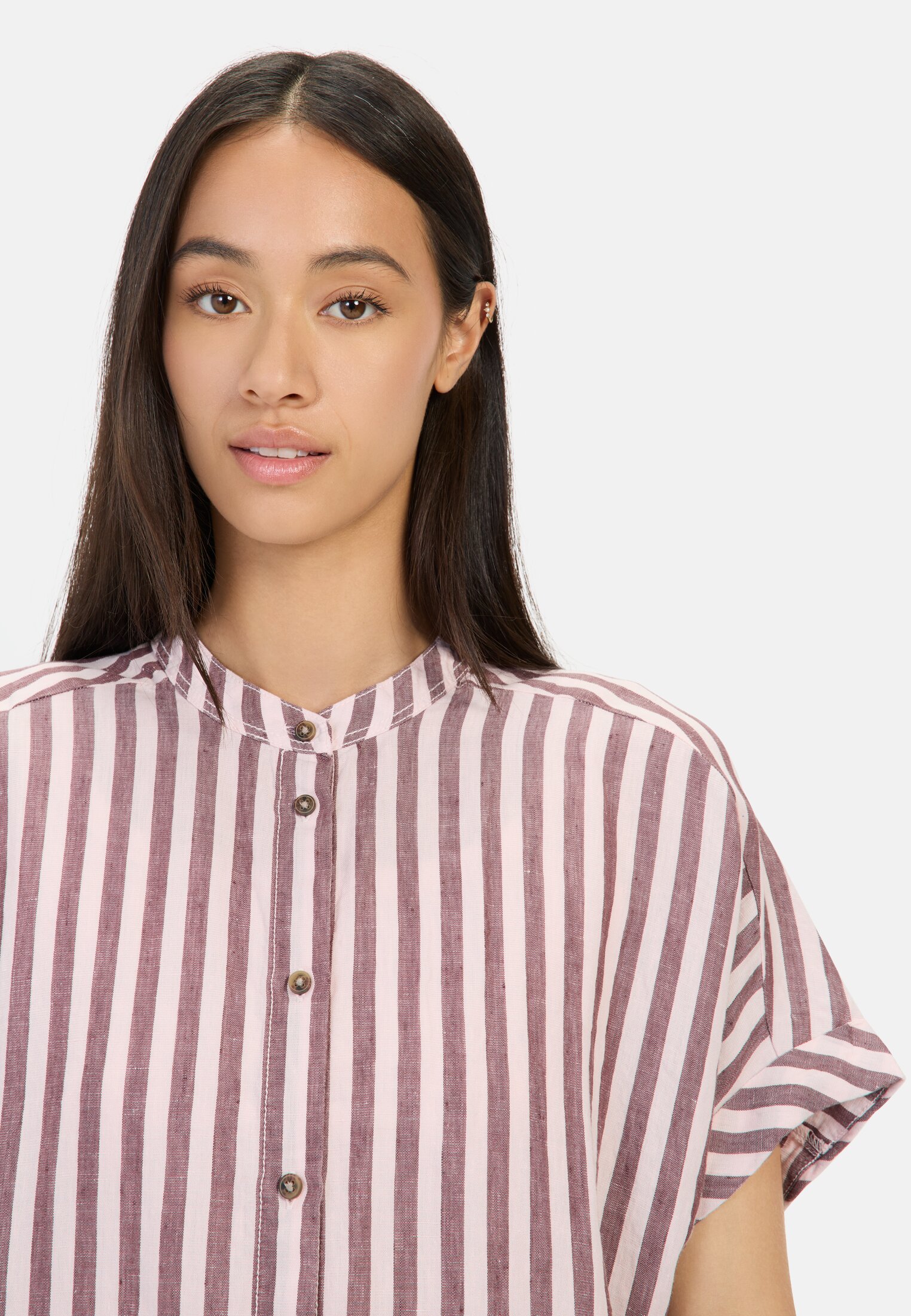 Vrouwen Gestreepte blouse van linnen-lyocellmix Rood gedragen detail dichtbij  