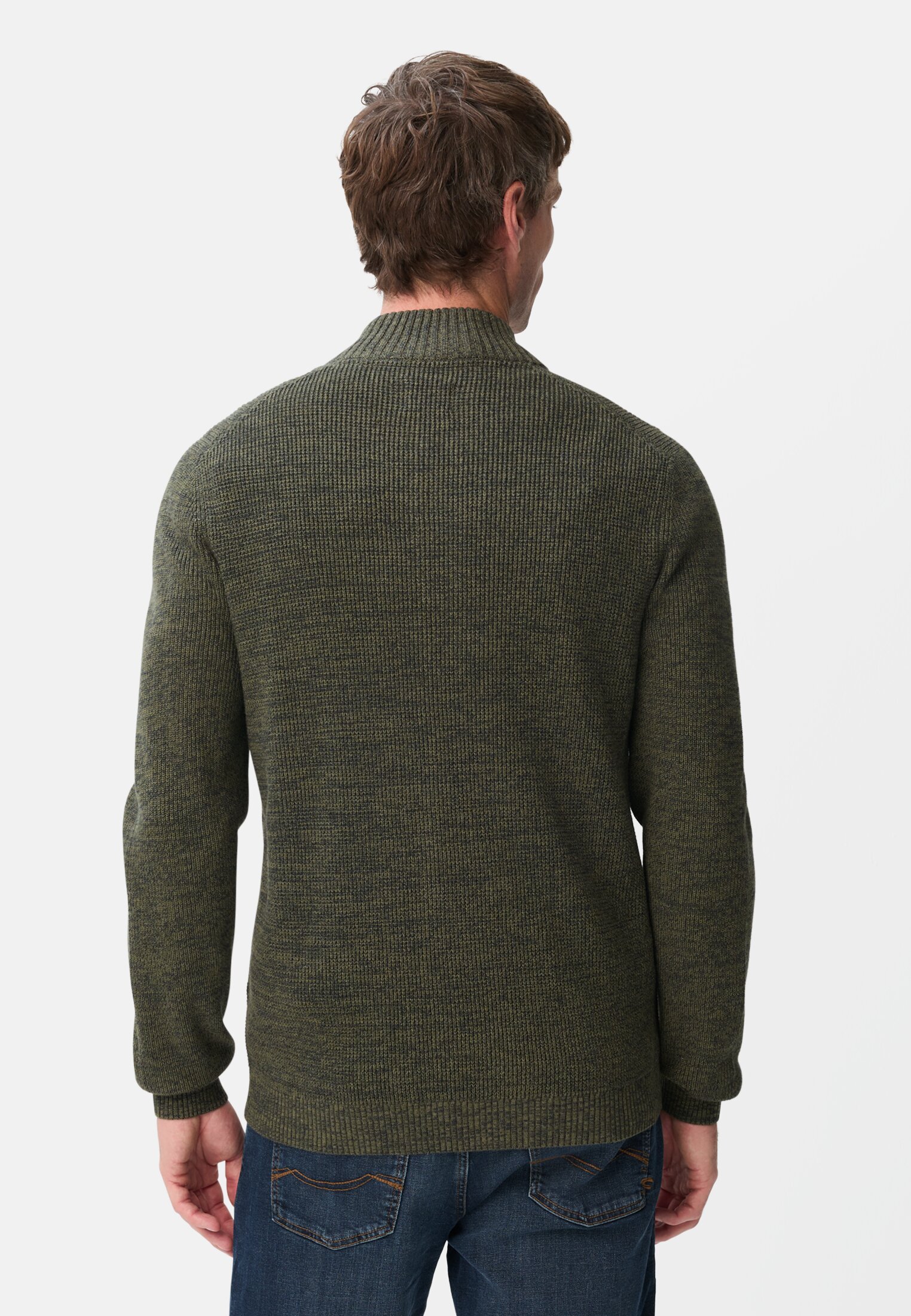 Men Chunky Cardigan made of Cotton Blend Olive green worn back