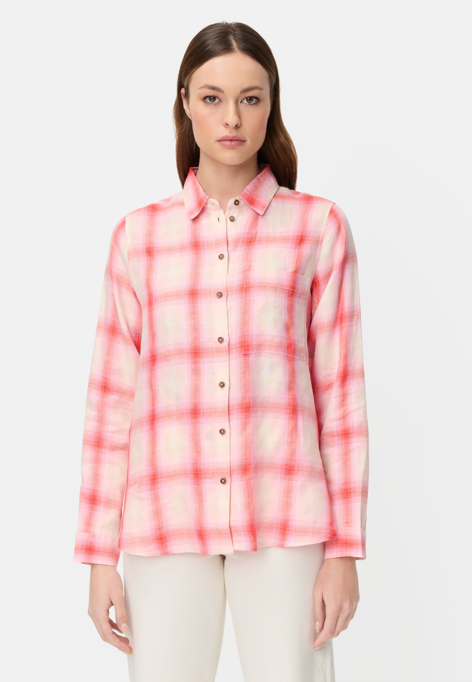 Damen Karierte Bluse mit Knopfleiste Pink getragen vorn