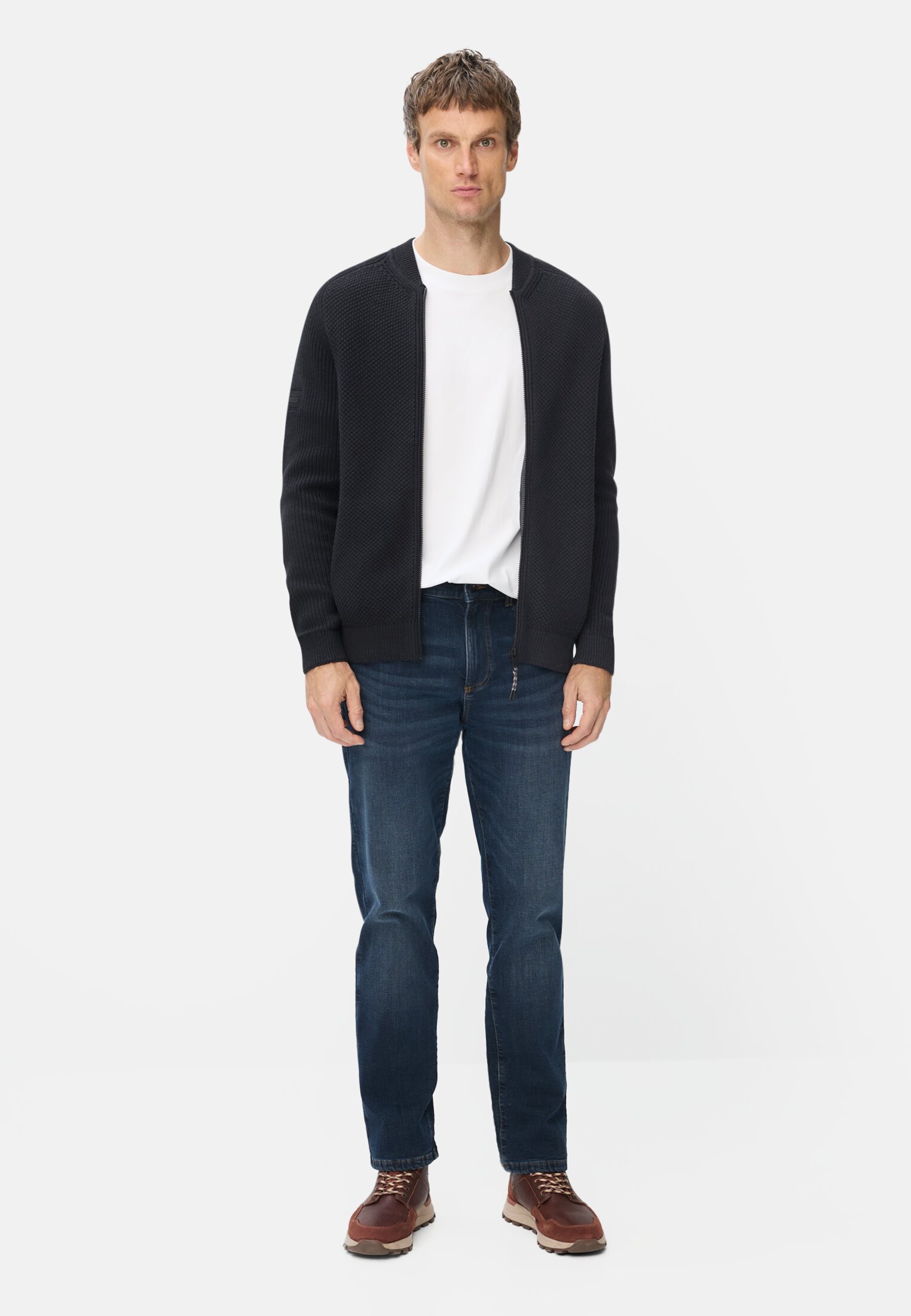 Men Cardigan with bomber collar Navyblue worn front full body