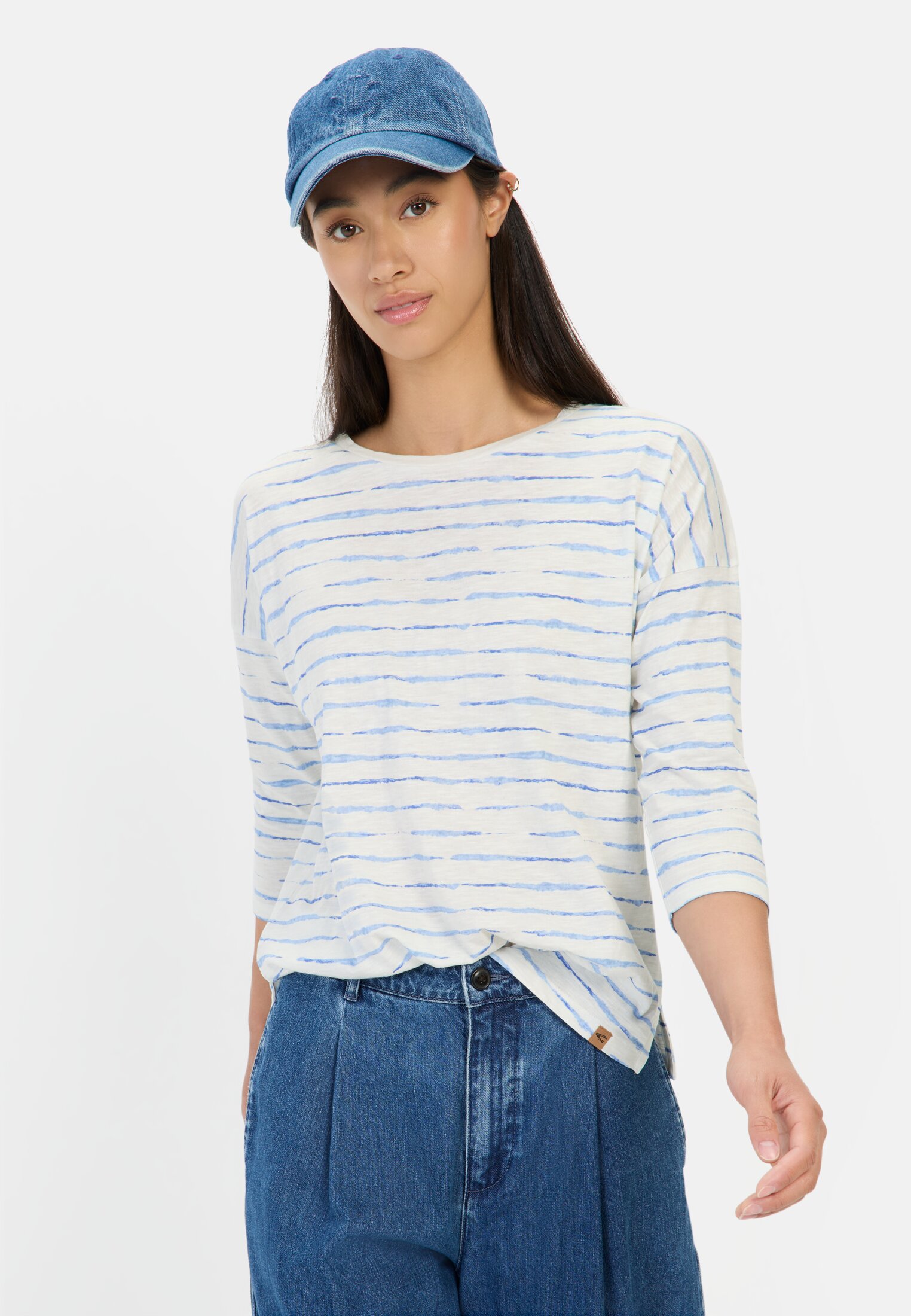 Women Long-sleeved shirt made of pure cotton Blue worn front