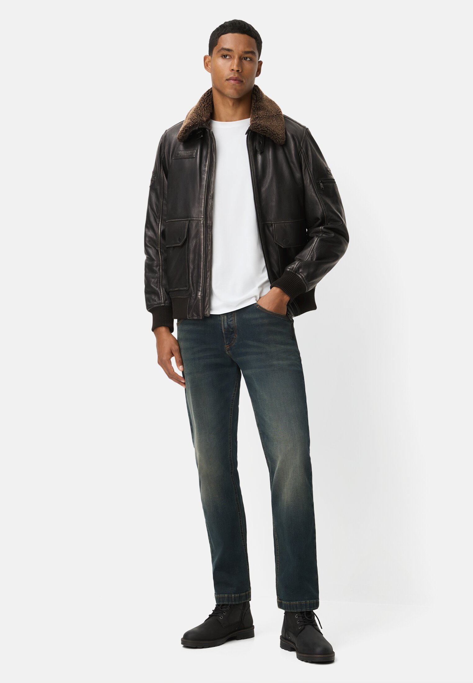 Men Leather jacket with inside pockets Black worn front full body