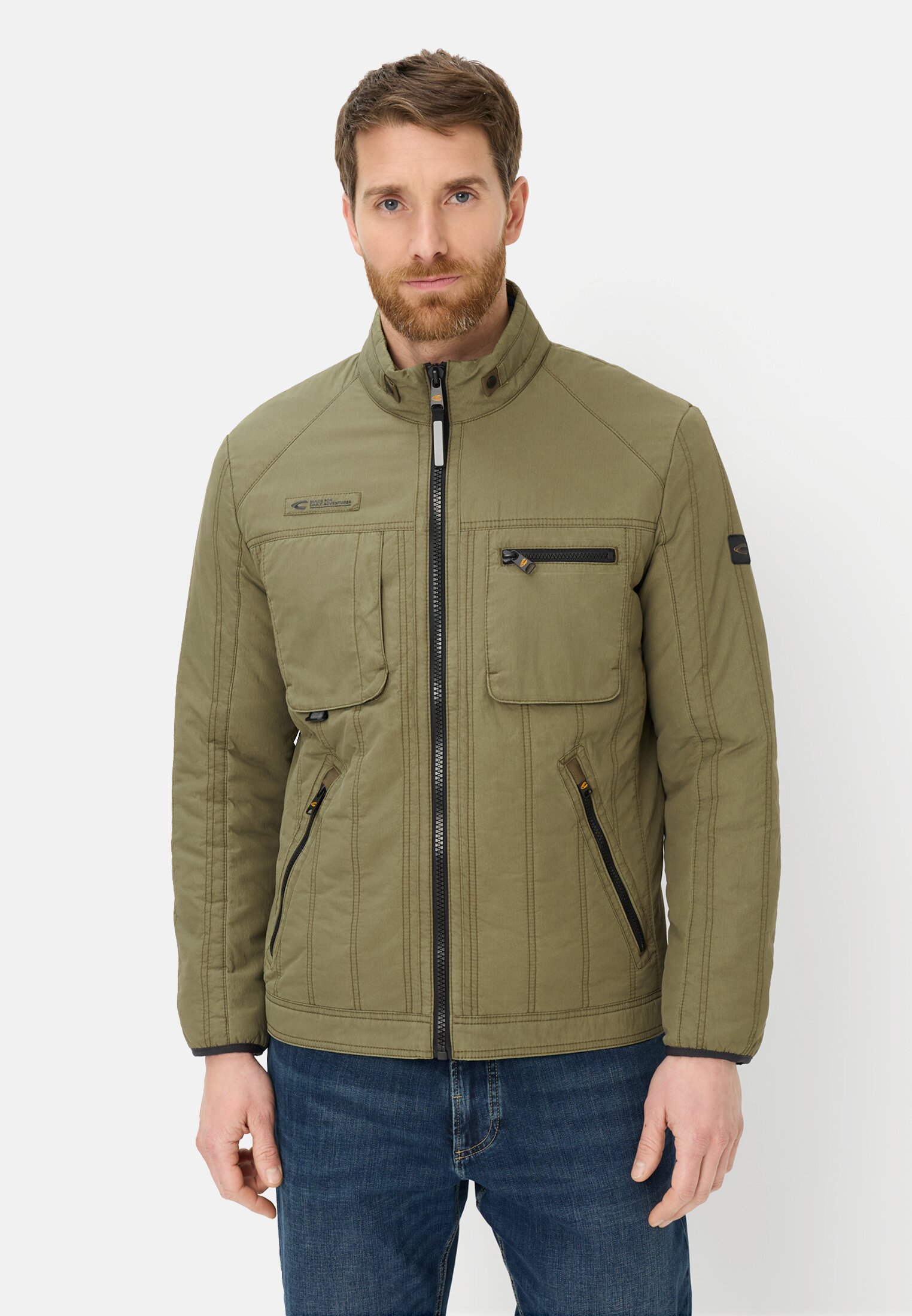 Men Lightweight jacket with stand-up collar Olive Green worn front