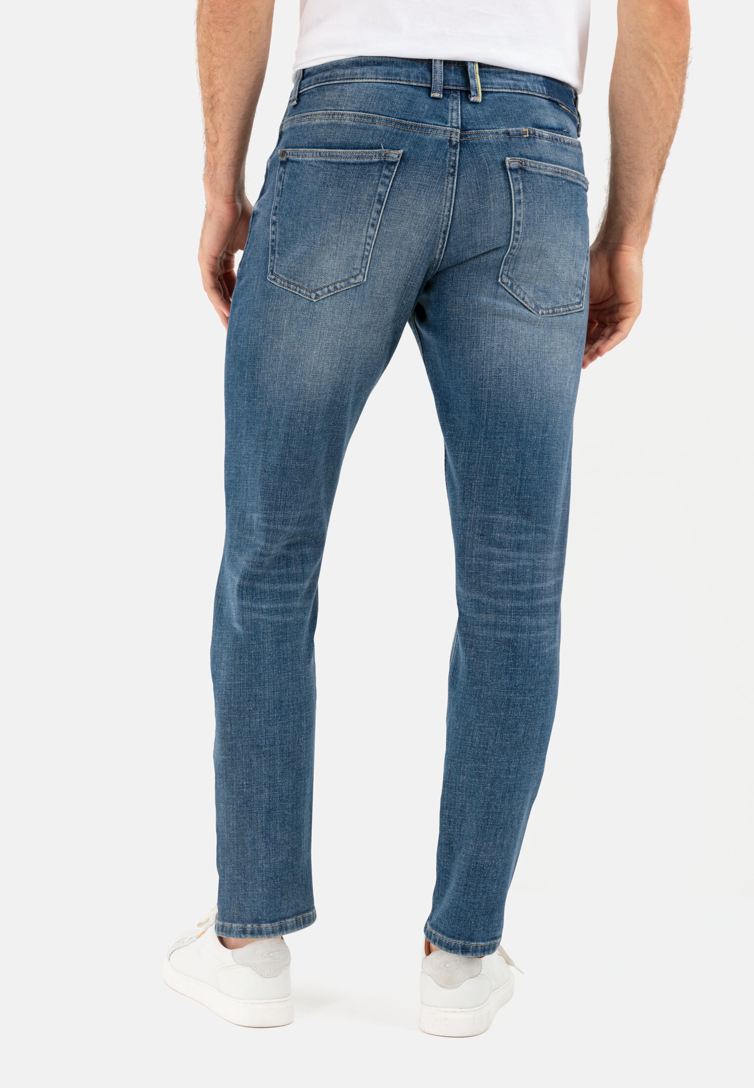 Men Tapered Fit Jeans with Smartphone Pocket Blue worn back