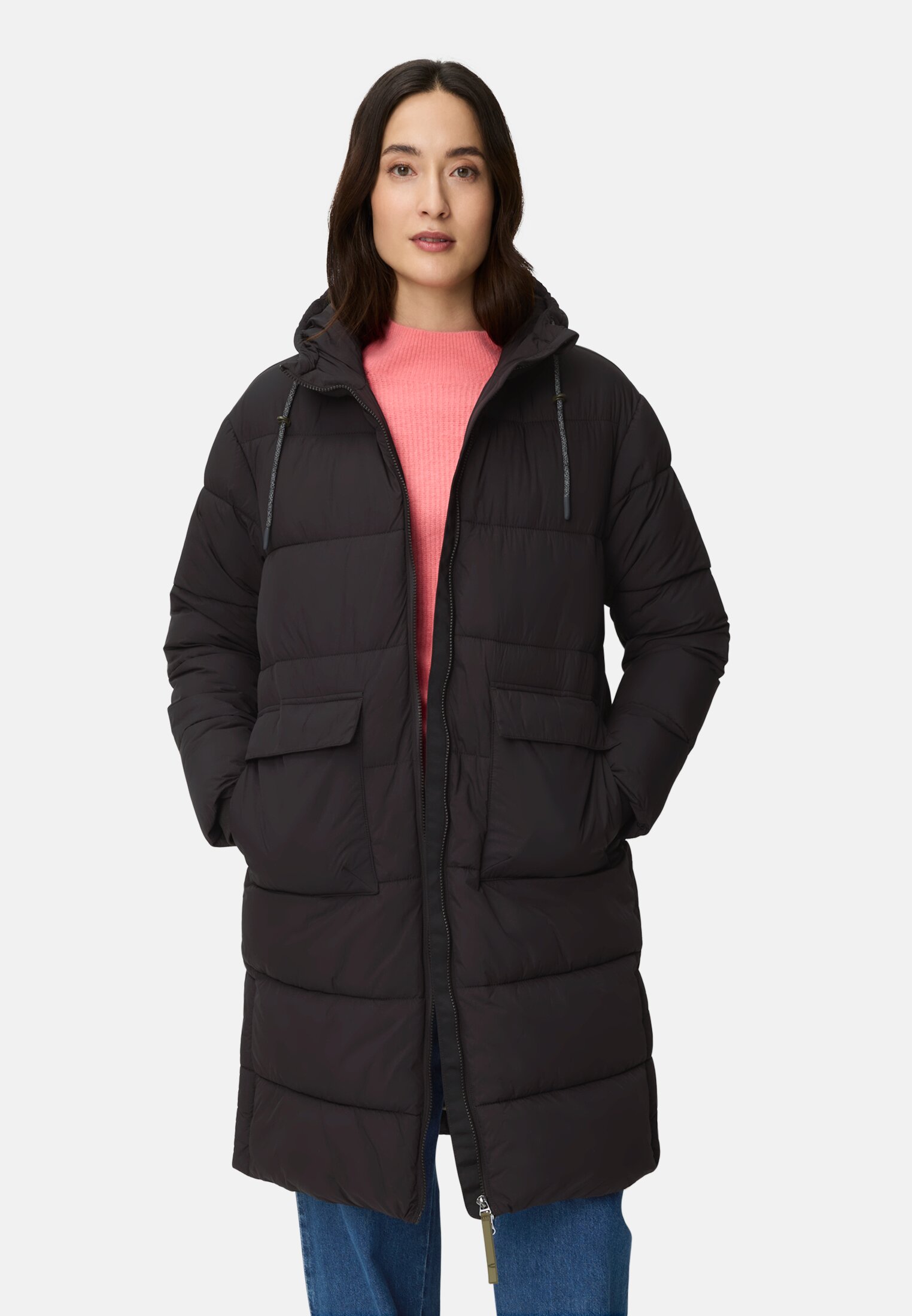 Women Quilted coat with hood Black worn front