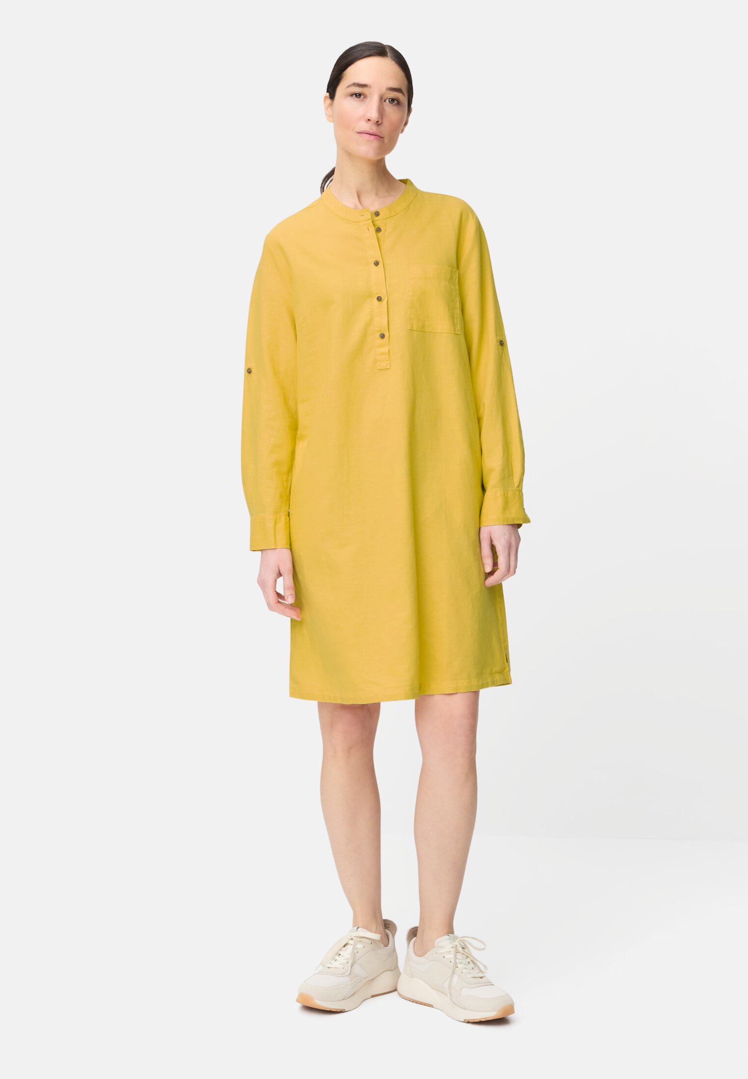 Women Shirt dress with stand-up collar Yellow worn front