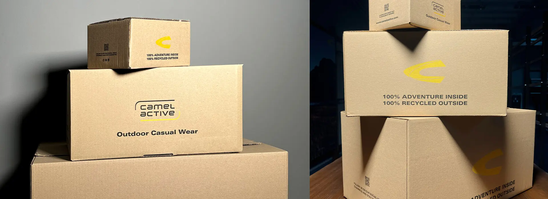 camel active - Nachhaltige Versandverpackungen - Collage - camel active Versandkartons gestapelt