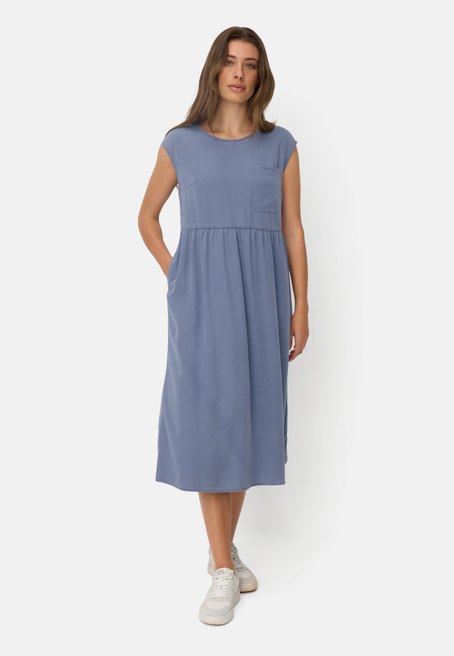 Women Summer dress with a breast pocket Ocean Blue worn front full body