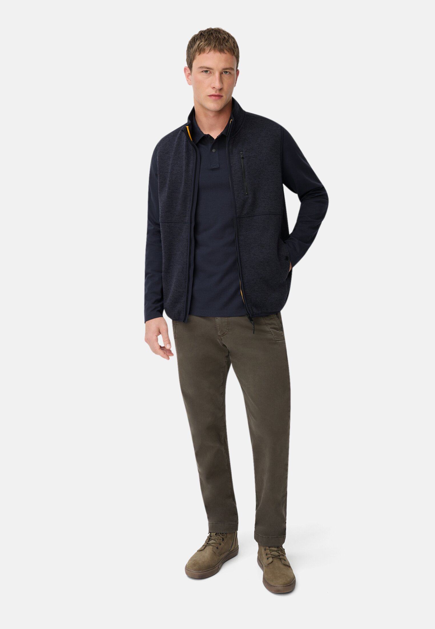 Men Polo shirt with cooling performance Navy blue worn front full body