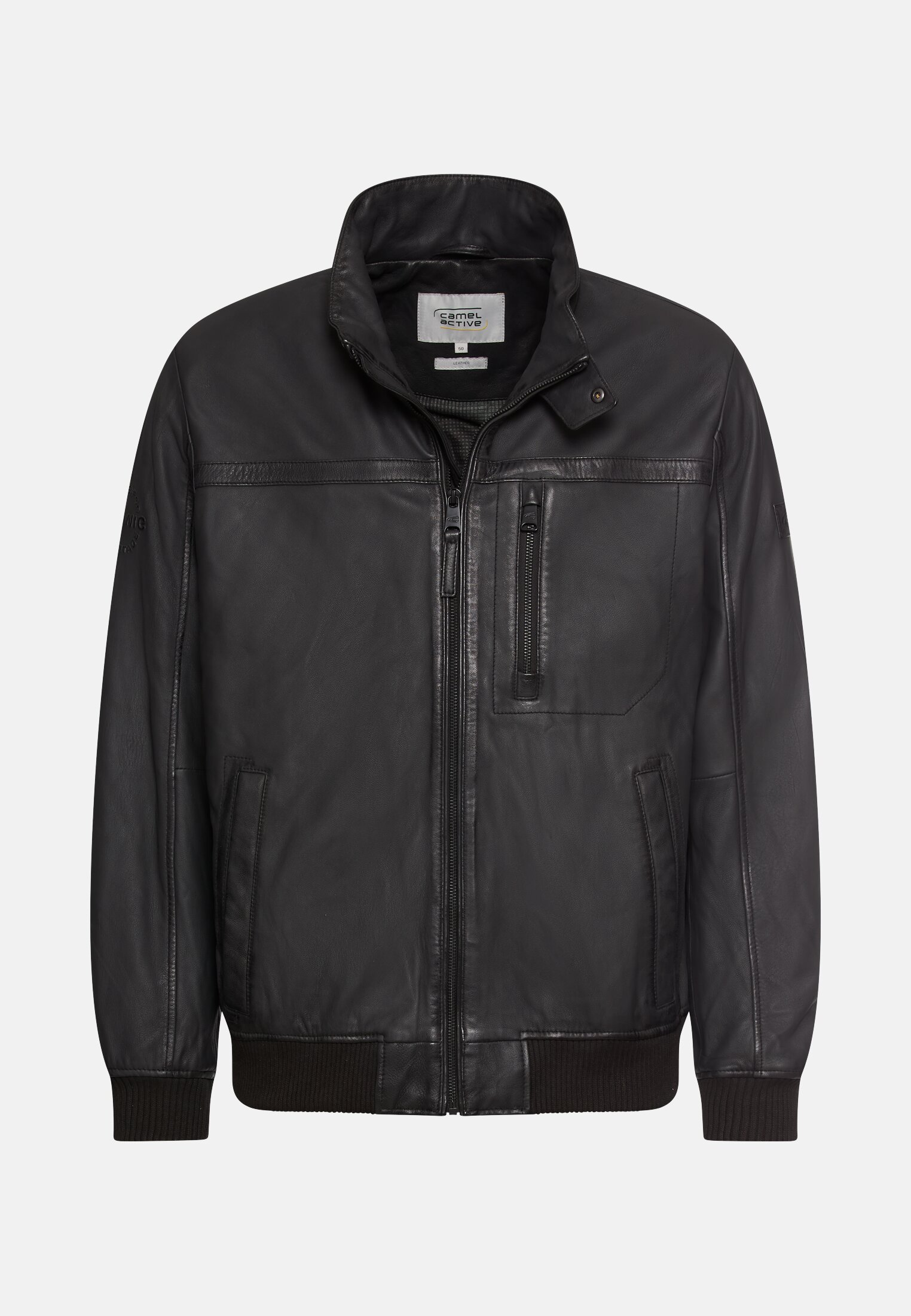 Men Leather jacket with stand-up collar Black frontal front