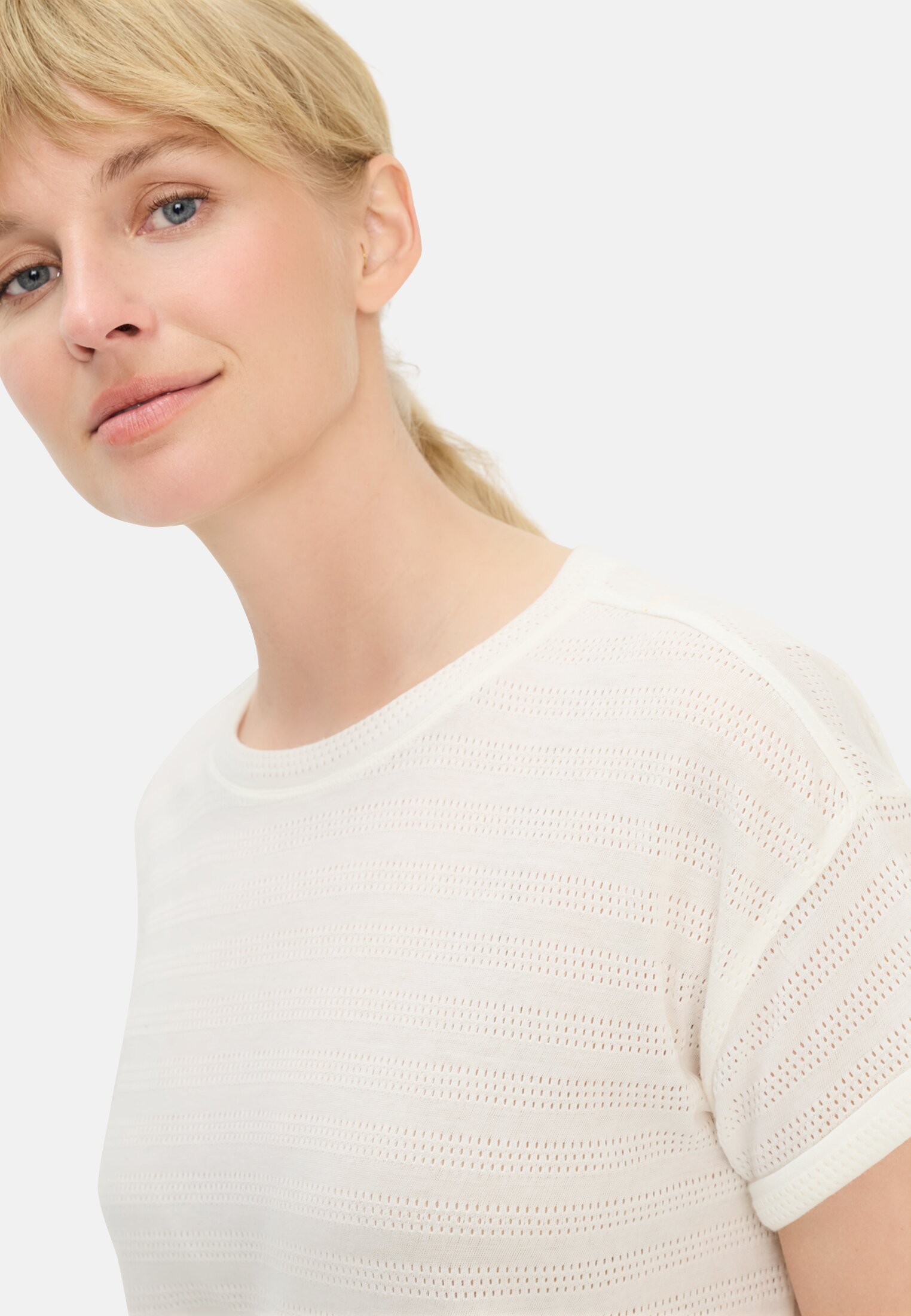 Women T-shirt with crew neck made from pure cotton Milk White worn detail close