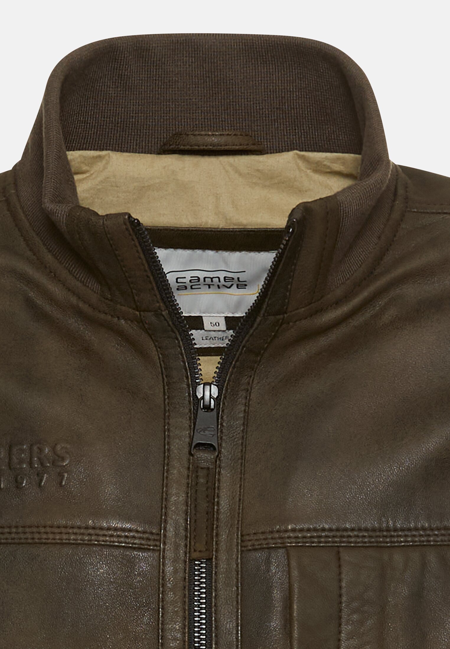 MI_31290-5L25-36_3G-00 Herren Lederjacke mit Bomberkragen Olive-Braun vorne nah