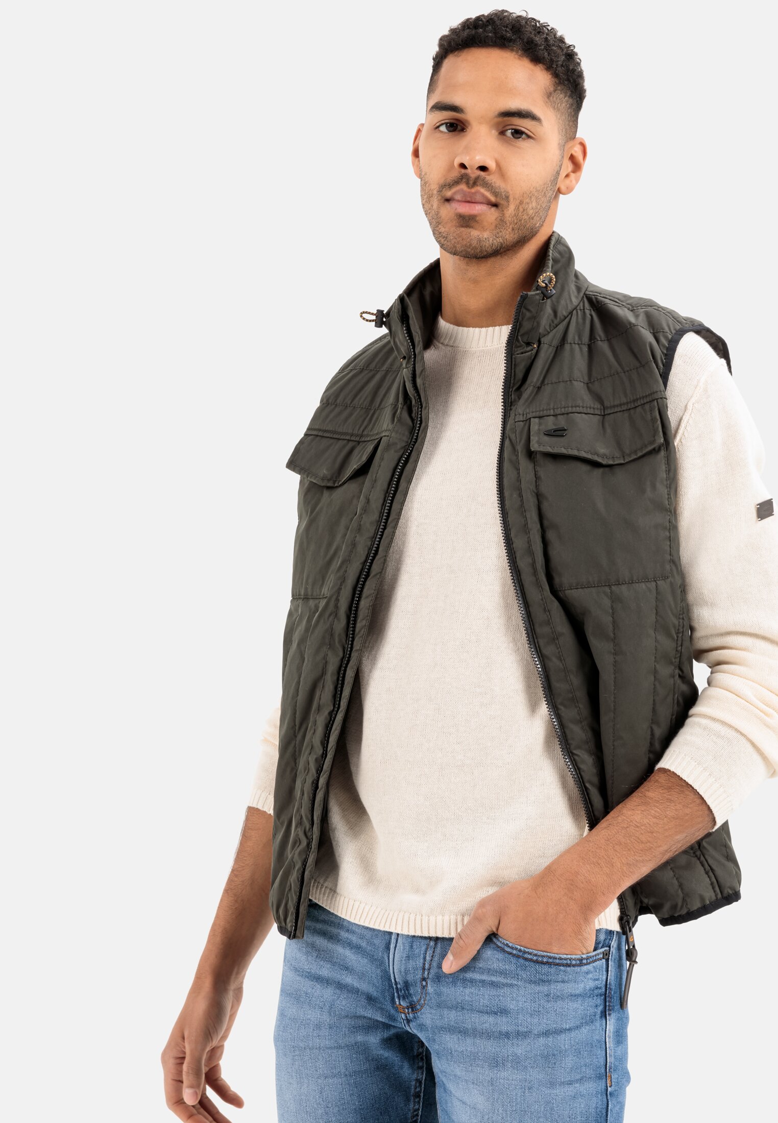 Men Quilted waistcoat with stand-up collar Olive worn emotional