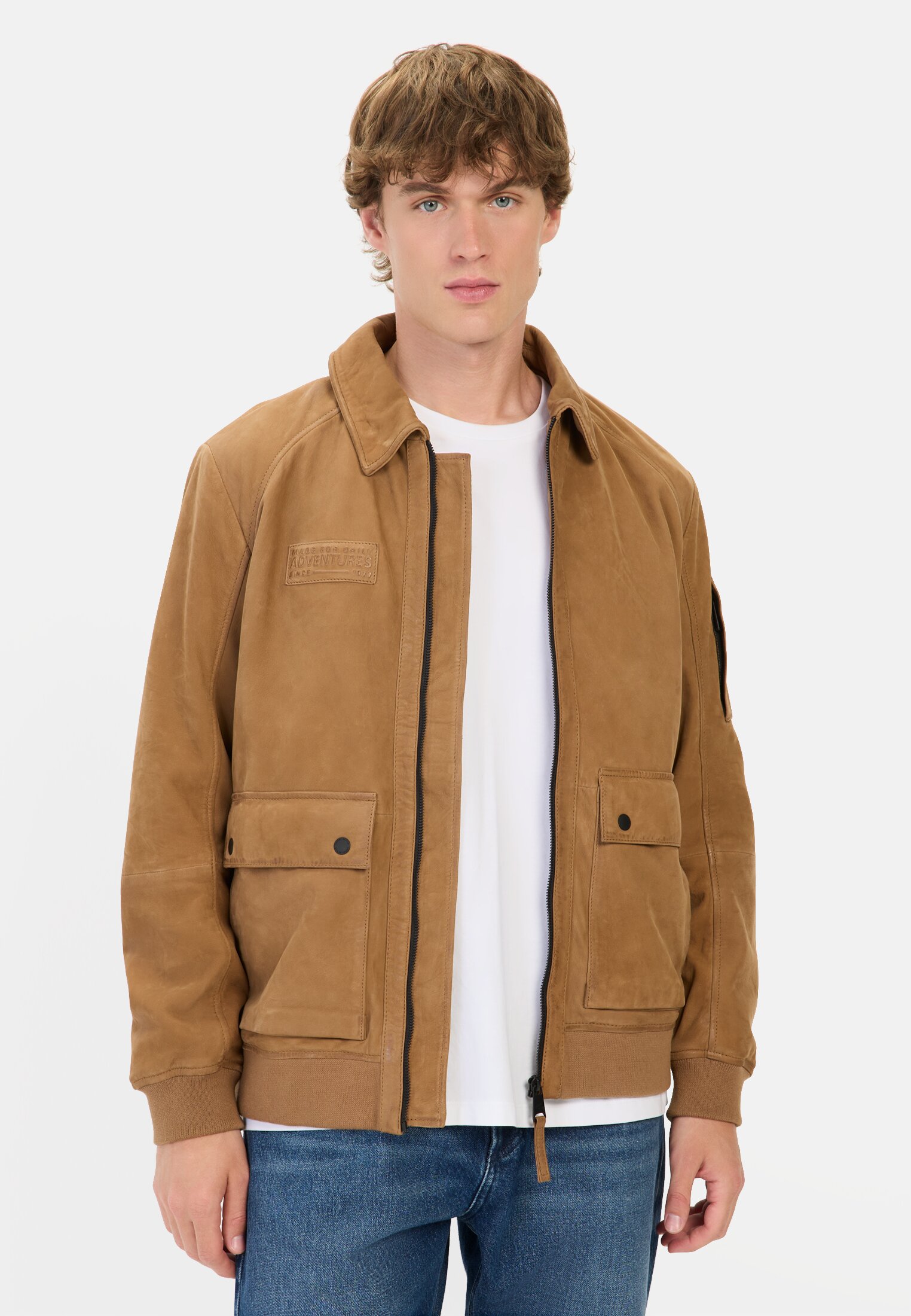 Herren Leder Blouson mit Hemdkragen Braun getragen vorn