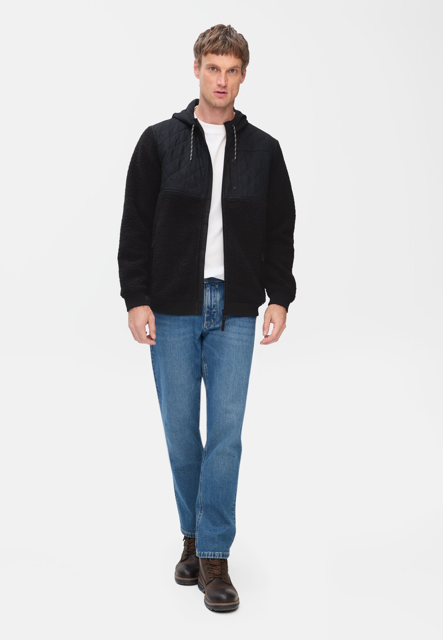 Heren Fleecevest met capuchon en zijzakken Navyblauw gedragen voor lichaam compleet