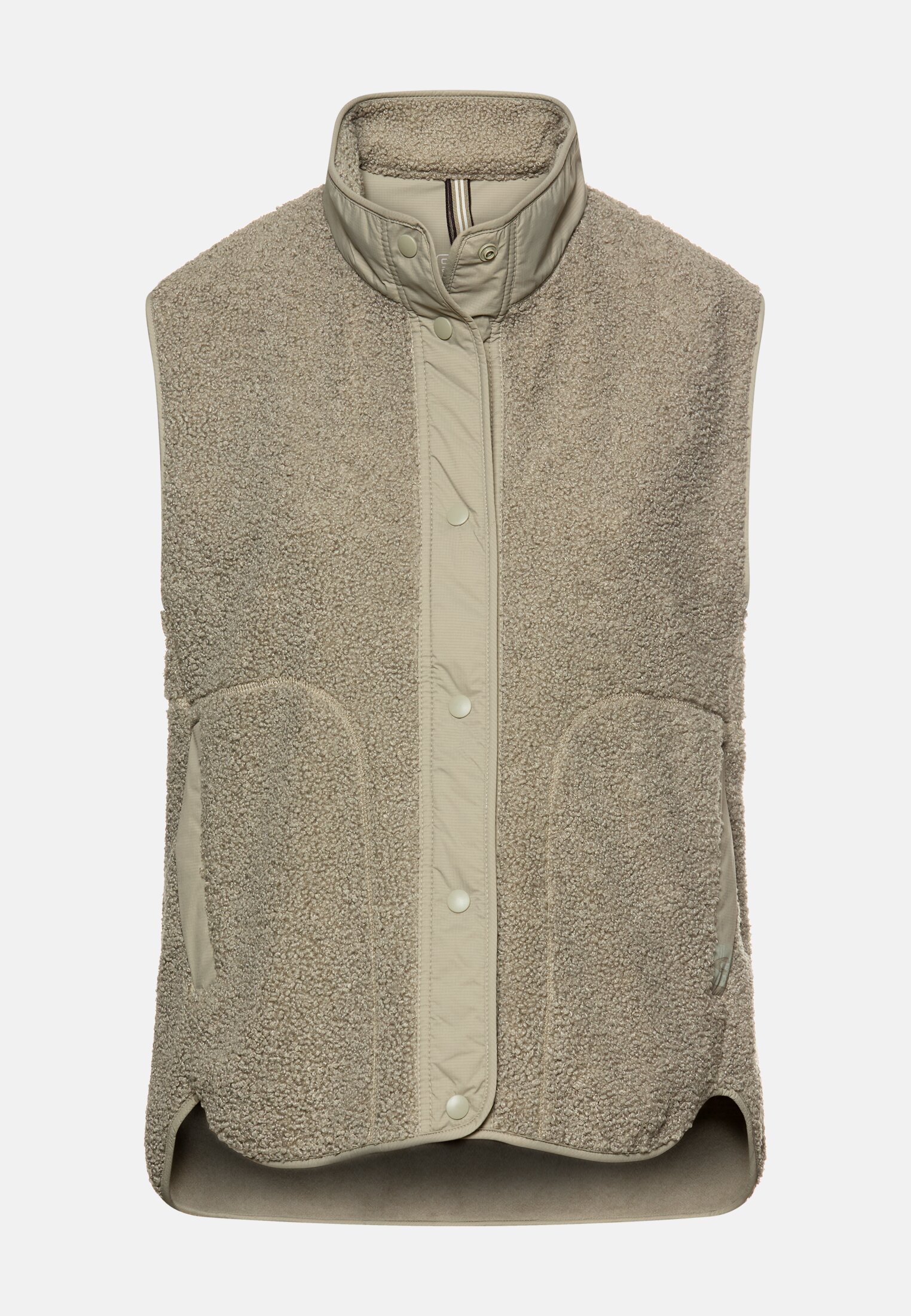 Vrouwen Teddyvest met opstaande kraag Salie frontaal voor