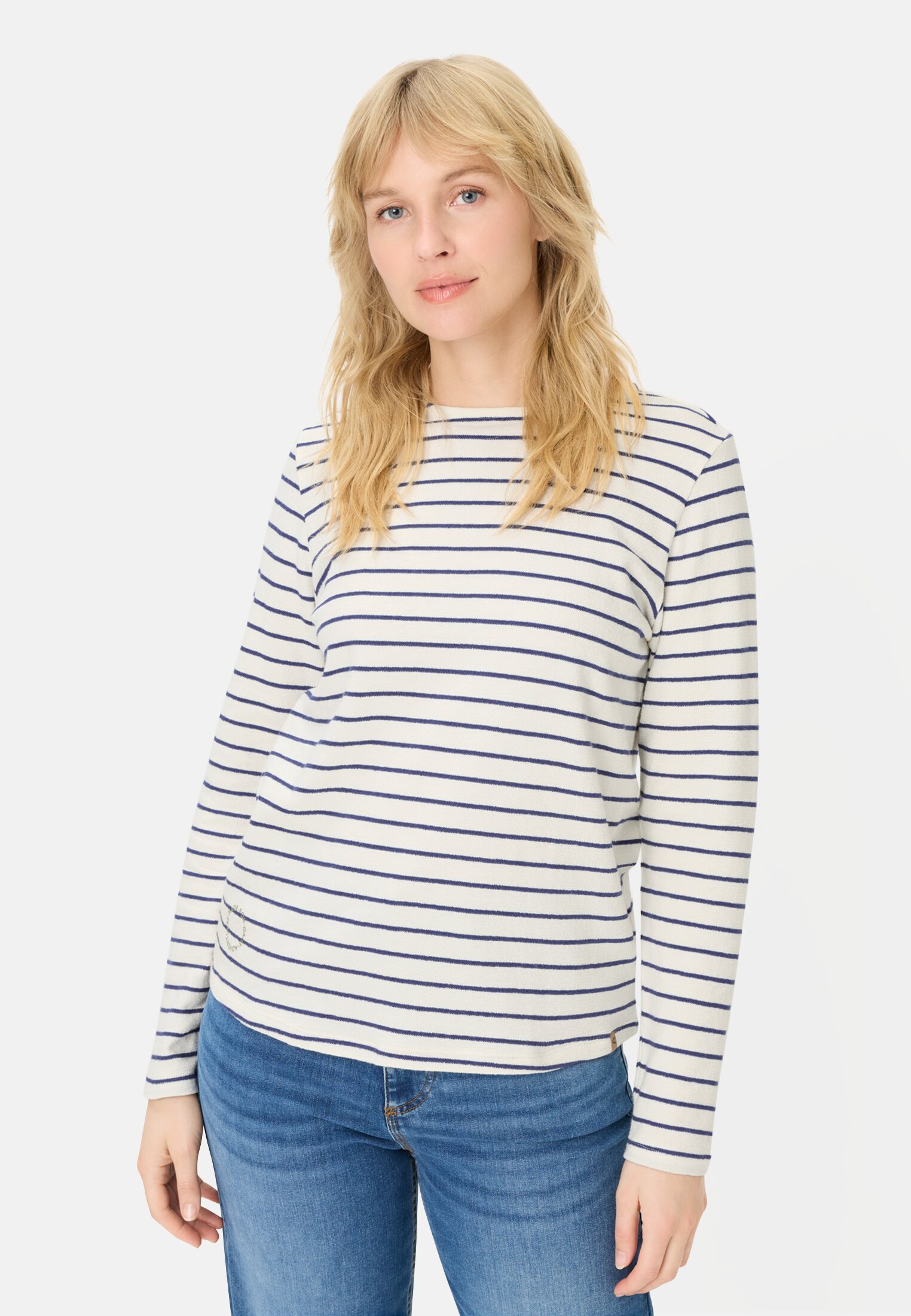 Women Long sleeve T-shirt made of pure cotton Indigo Blue worn front