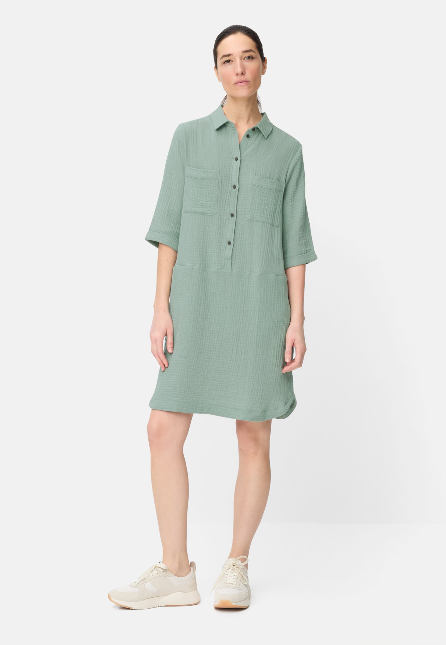 Women Summer dress with button placket Jade Blue worn front