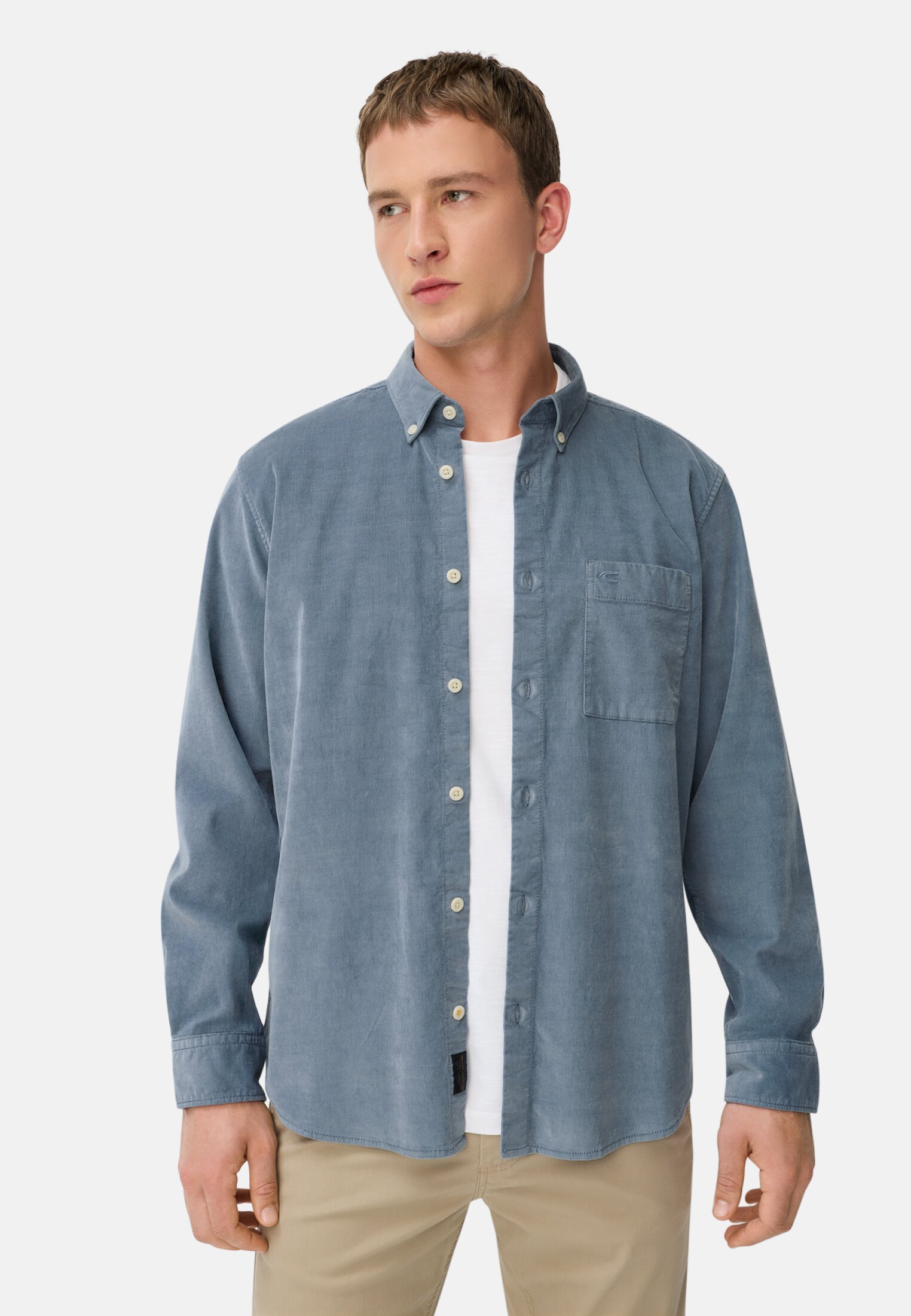 Men Long-sleeve shirt with button-down collar and chest pocket Stone blue worn front