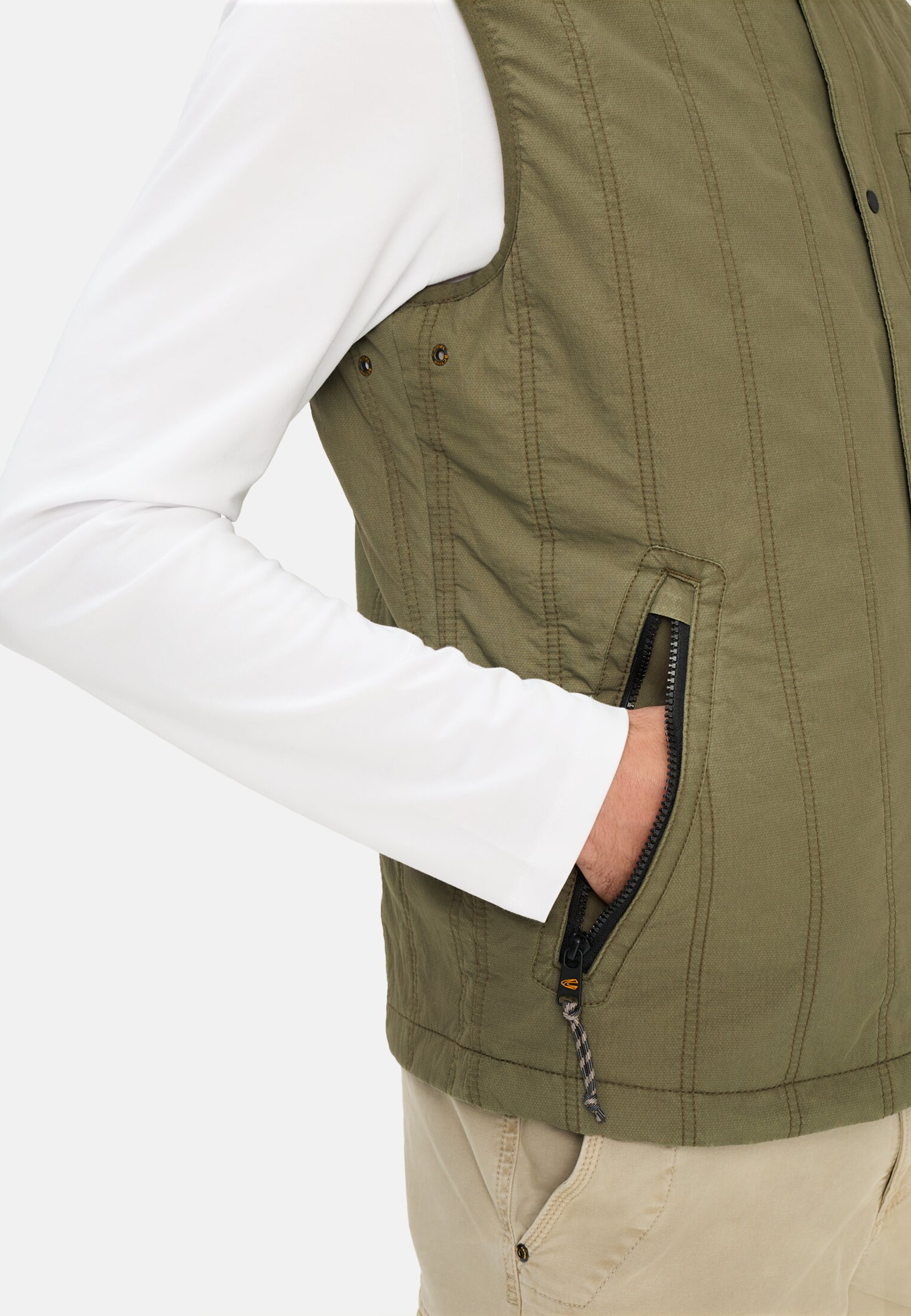 Men Quilted waistcoat with stand-up collar Olive Green worn detail close