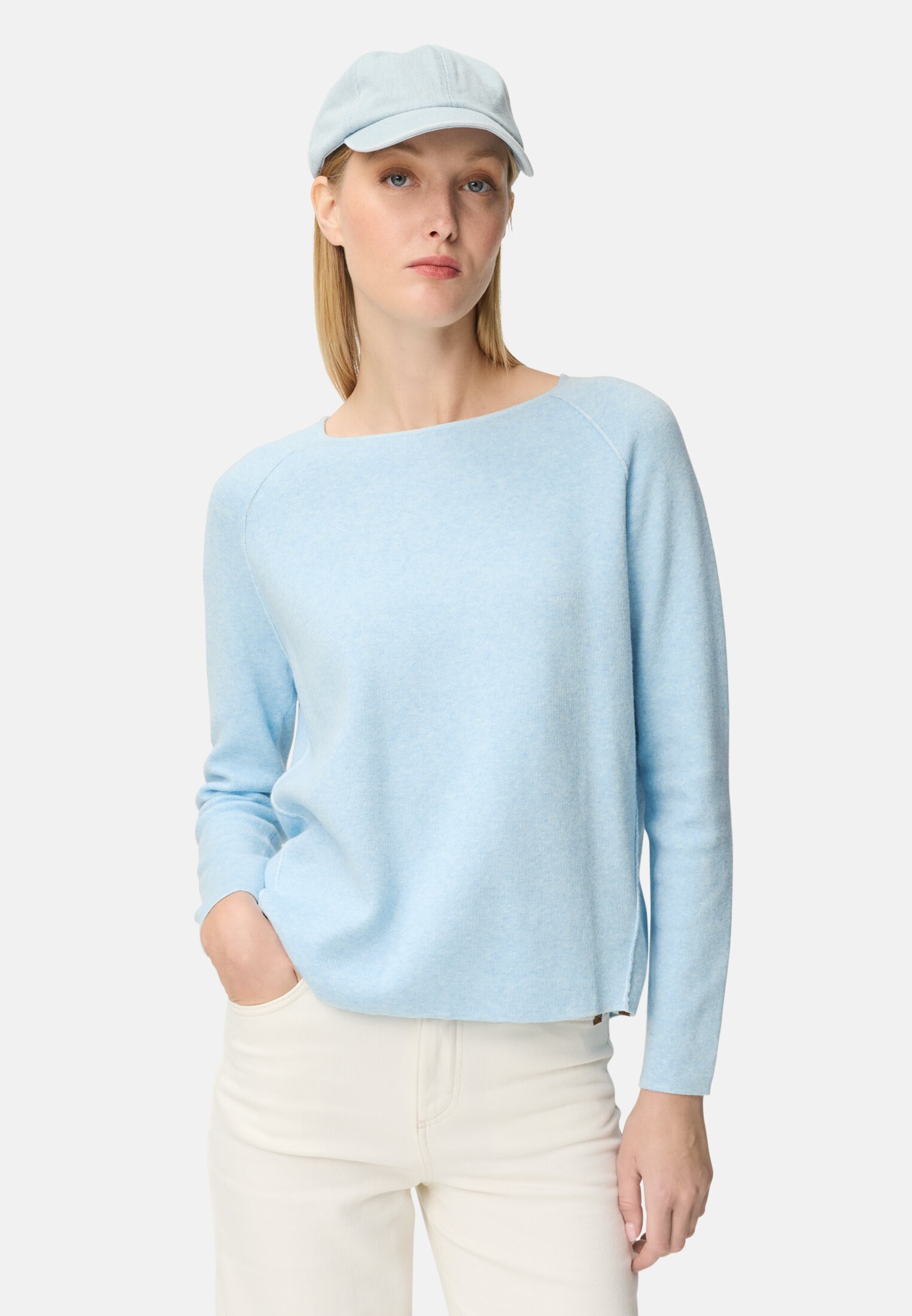 Women Knit sweater with crew neck Light Blue worn front