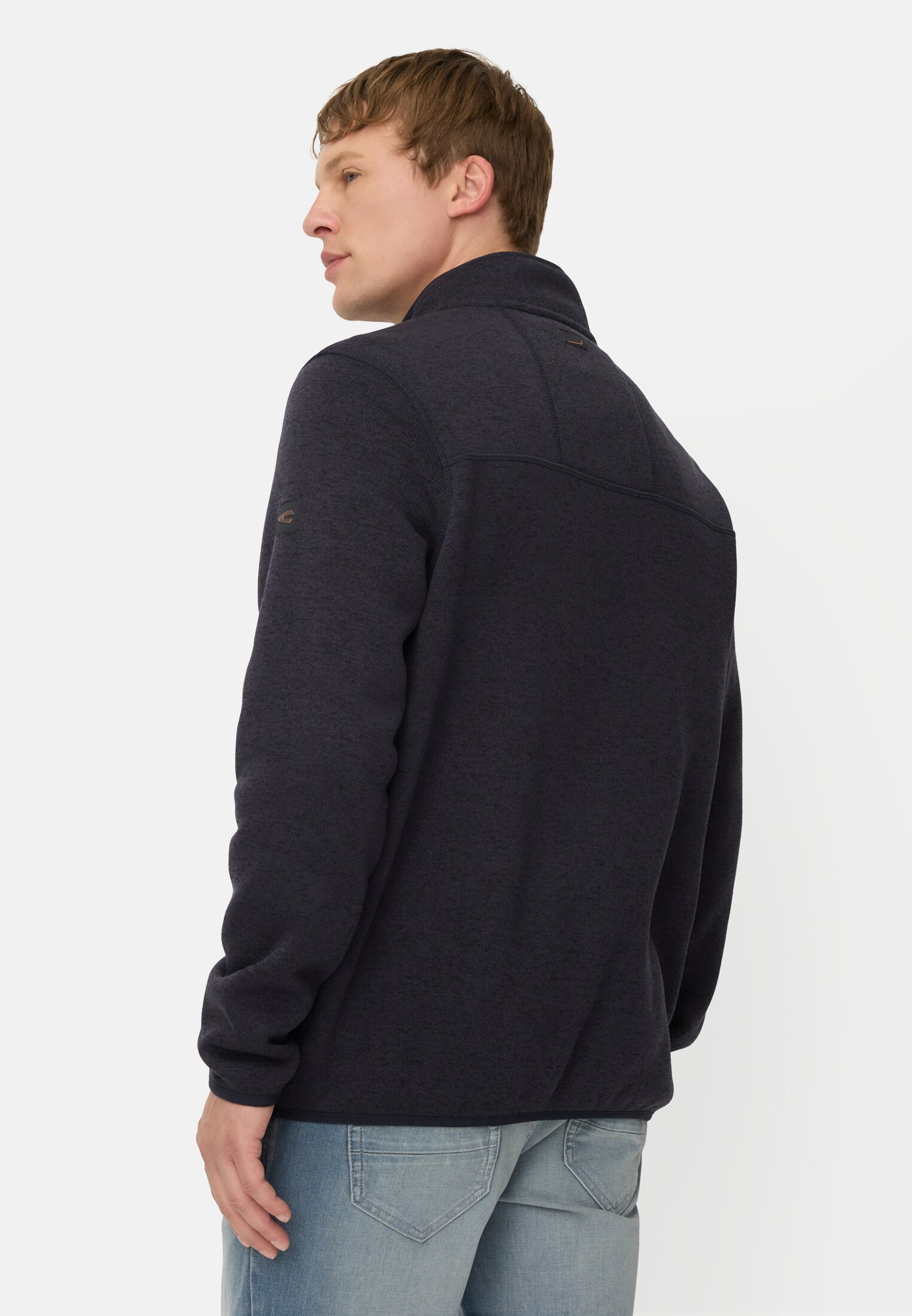 Men Fleece jacket with high collar Navy blue worn back