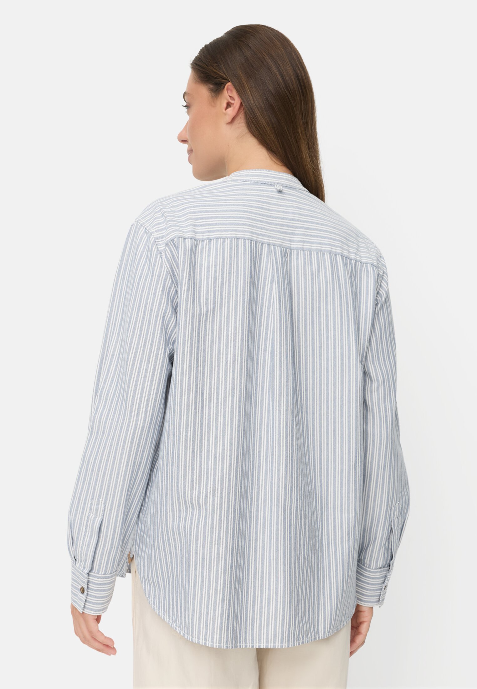 Women Cotton blouse with button placket Blue-White worn back