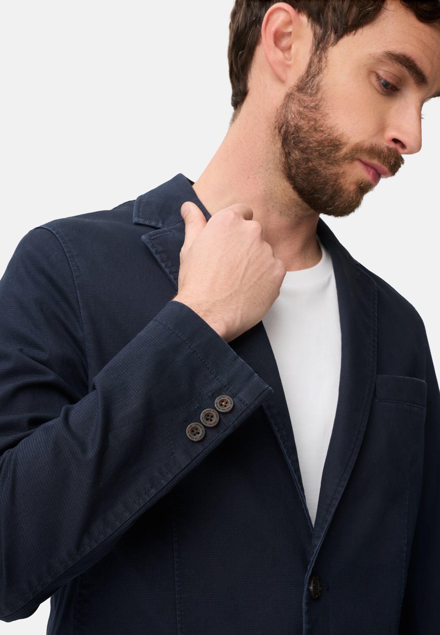 Heren Elastisch colbert met veiligheidszak Donkerblauw gedragen detail dichtbij