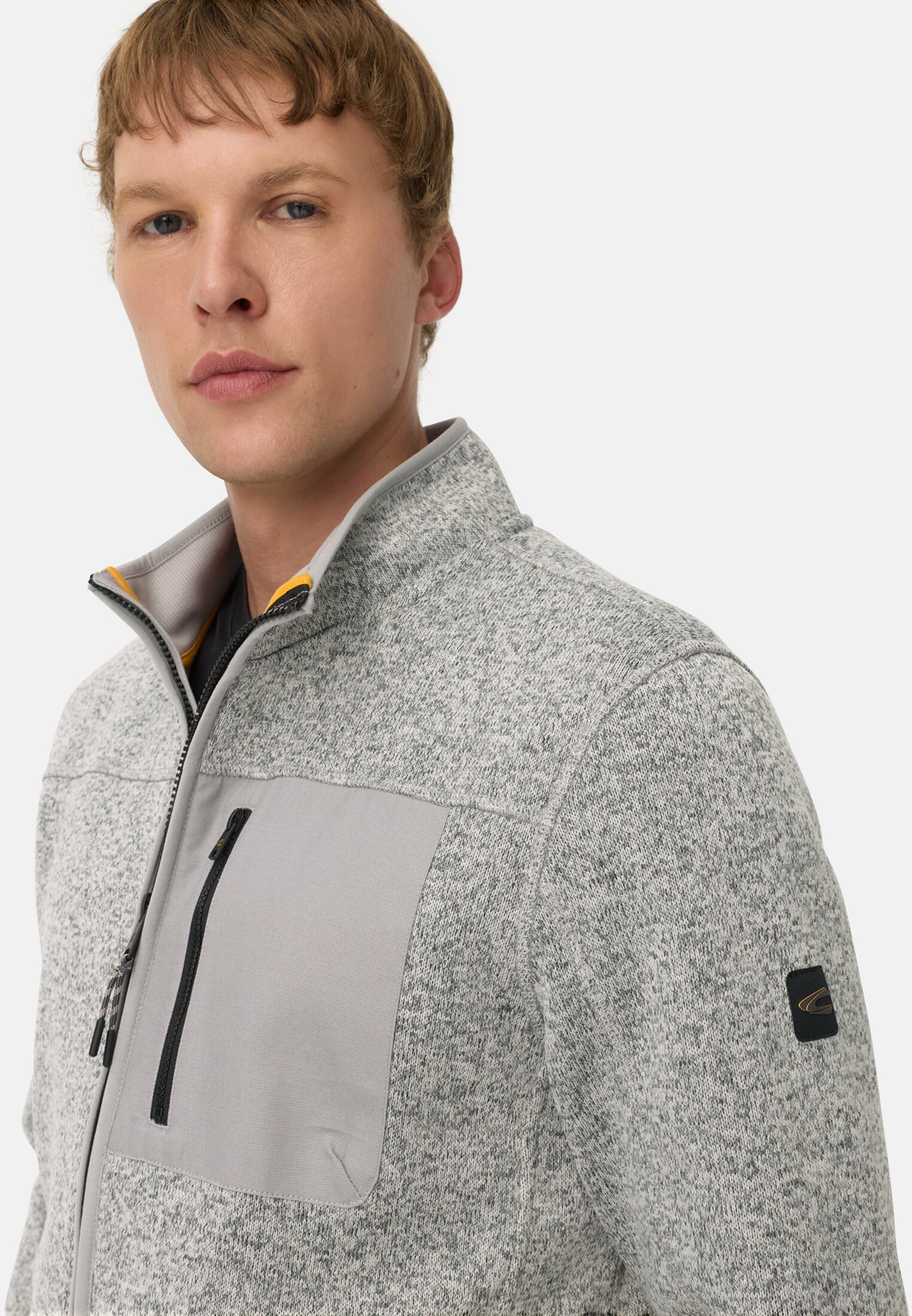 Men Fleece jacket with high collar Grey worn detail close