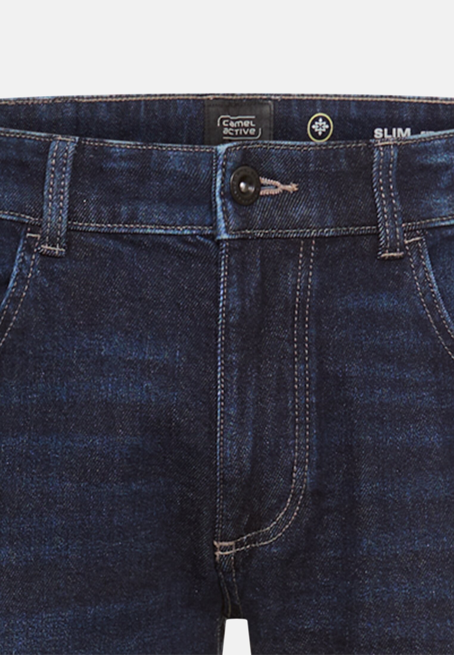 Heren 5-punts slim fit broek van katoenmix Indigo blauw front dichtbij
