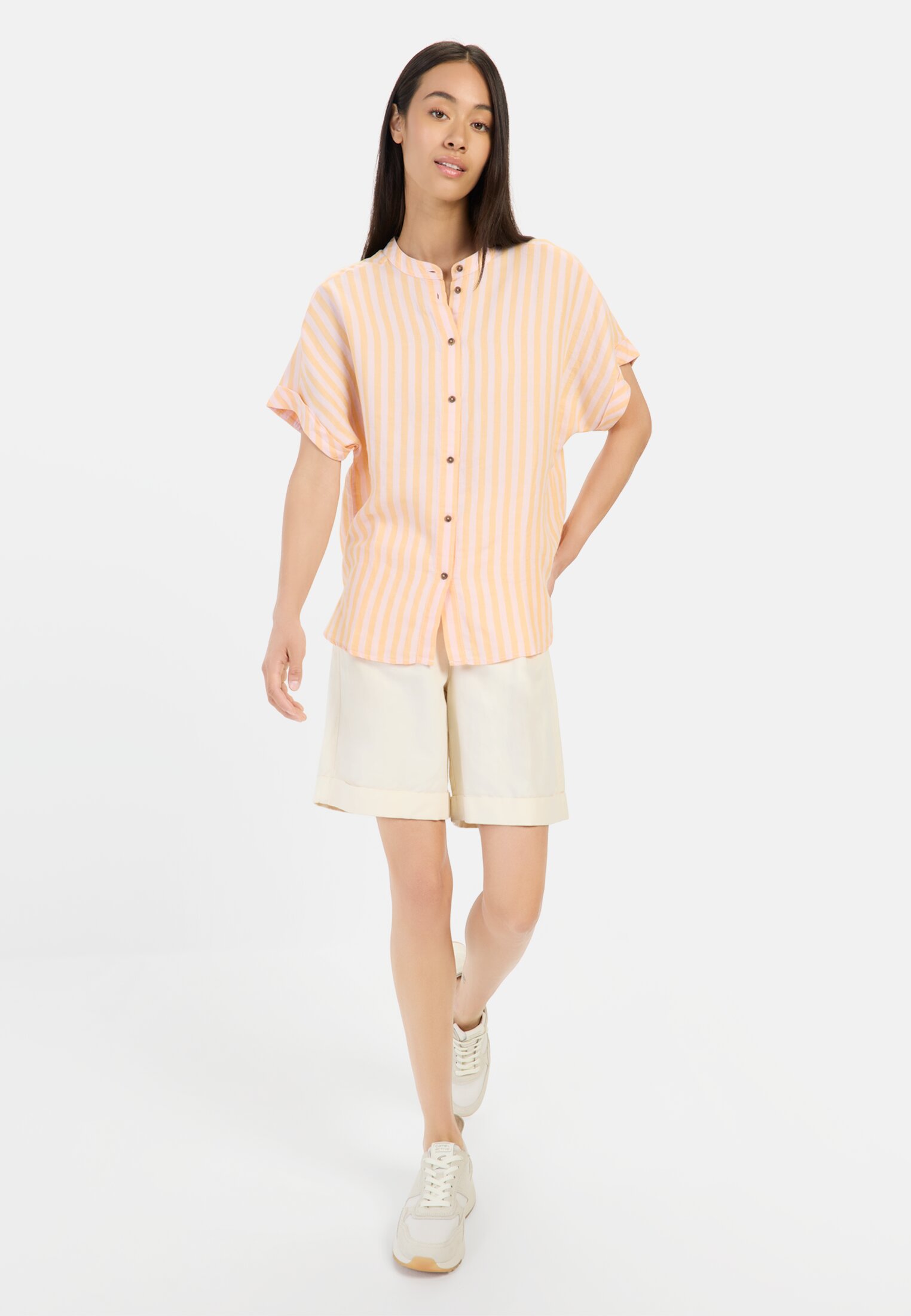 camelactive_Bluse_Stripes_309825-5S21-52_M3 Women Striped blouse made of linen-lyocell blend Orange worn front full body