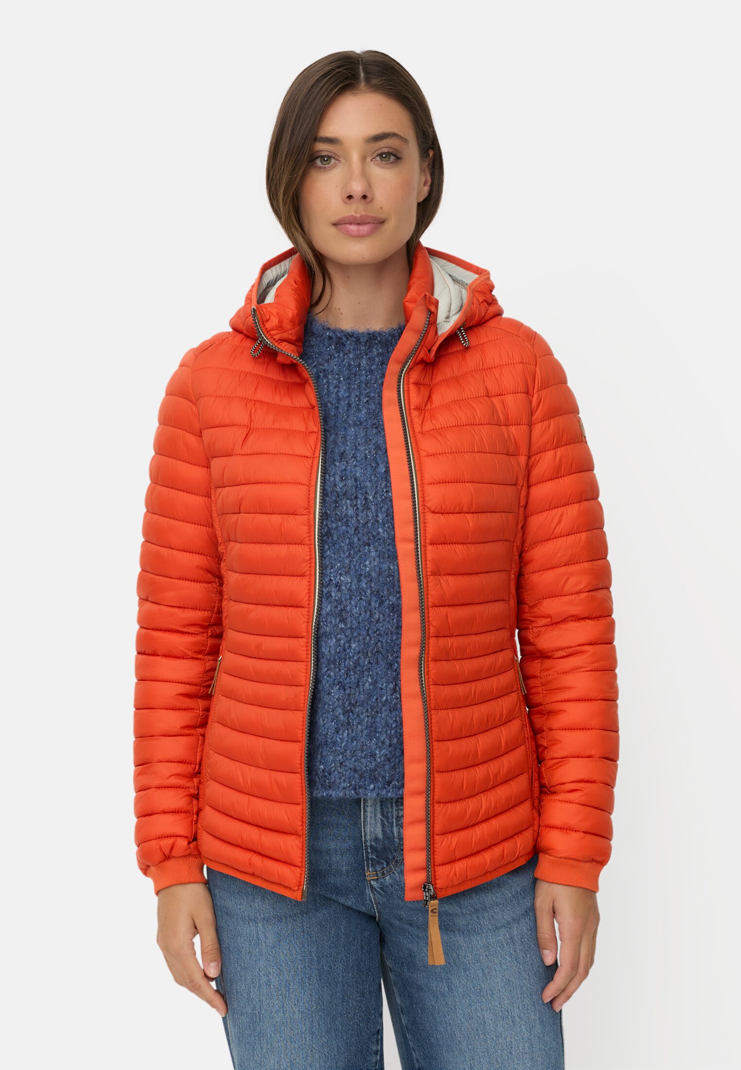 Women Windproof jacket with side knit insert Orange worn front