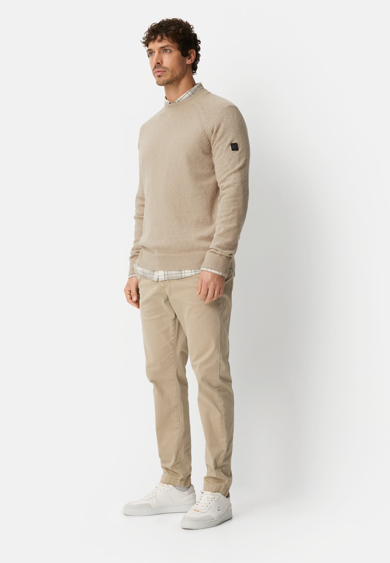 Heren Trui met ronde hals Beige gedragen voor lichaam compleet 