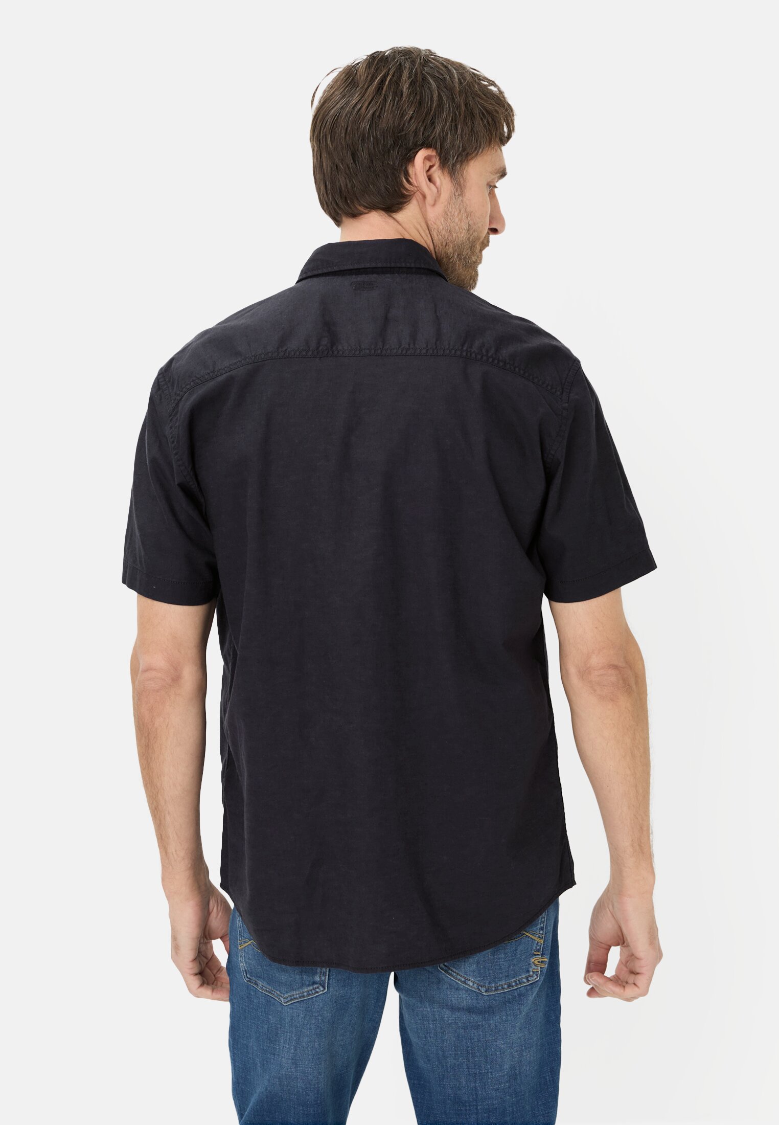 Heren Korte mouwen shirt van linnenmix Donkerblauw gedragen achter