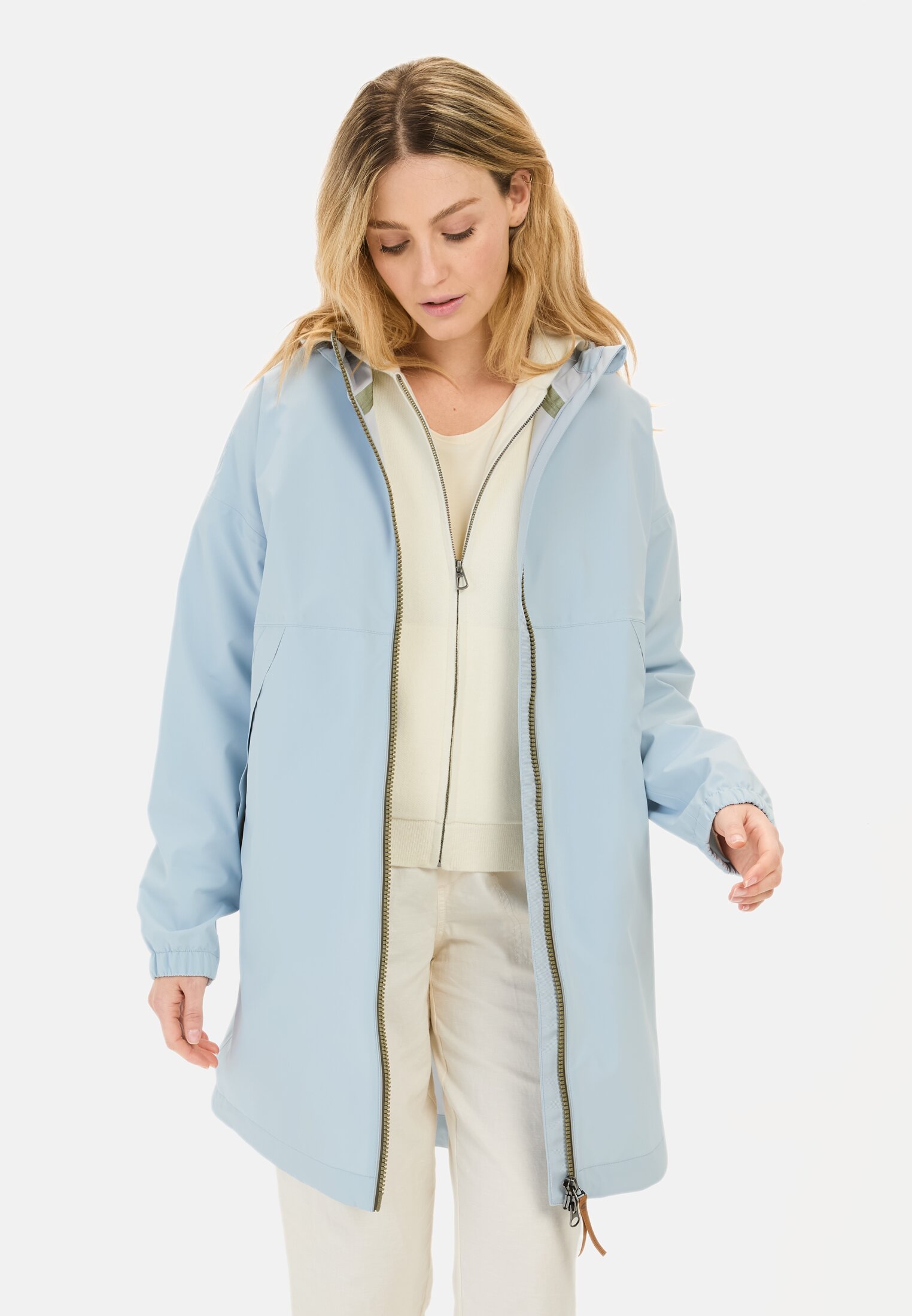 Women lightweight teXXXactive® functional coat made from recycled polyester Light Blue worn front