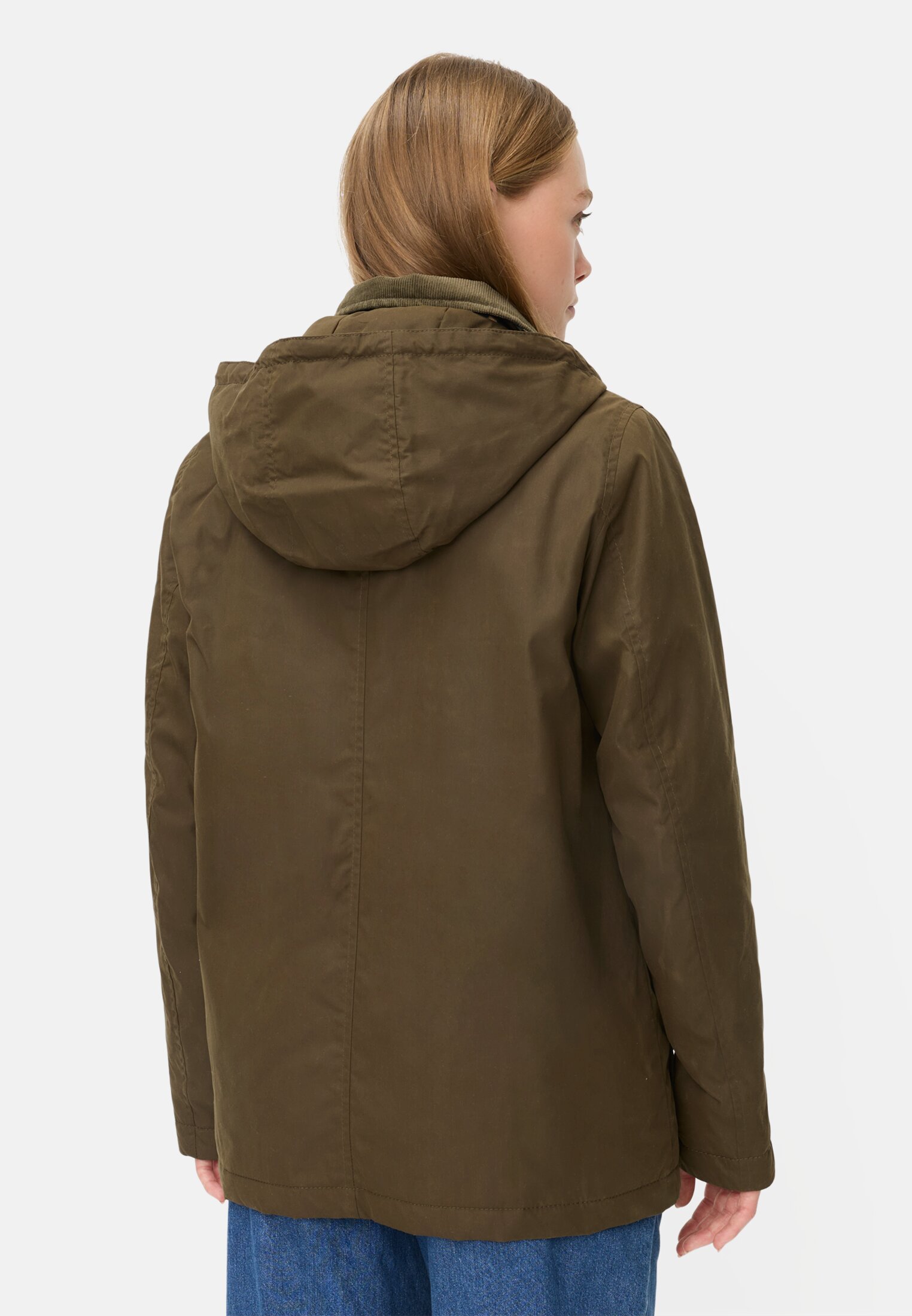 Vrouwen Outdoor Jack met afneembare capuchon en cordkraag Donker Khaki gedragen achter