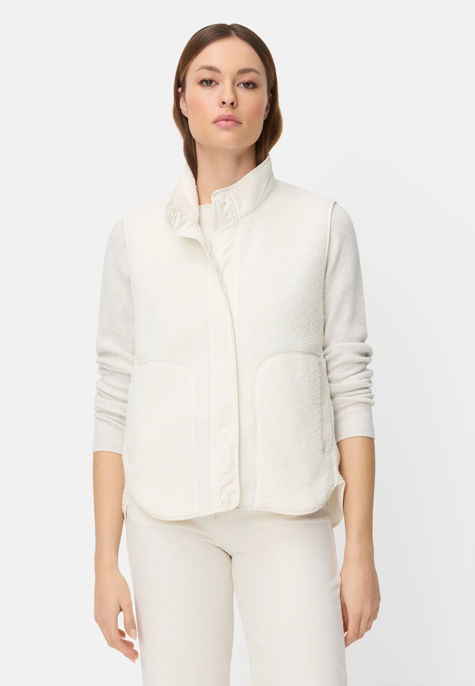 Vrouwen Teddyvest met opstaande kraag Melkwit gedragen voor