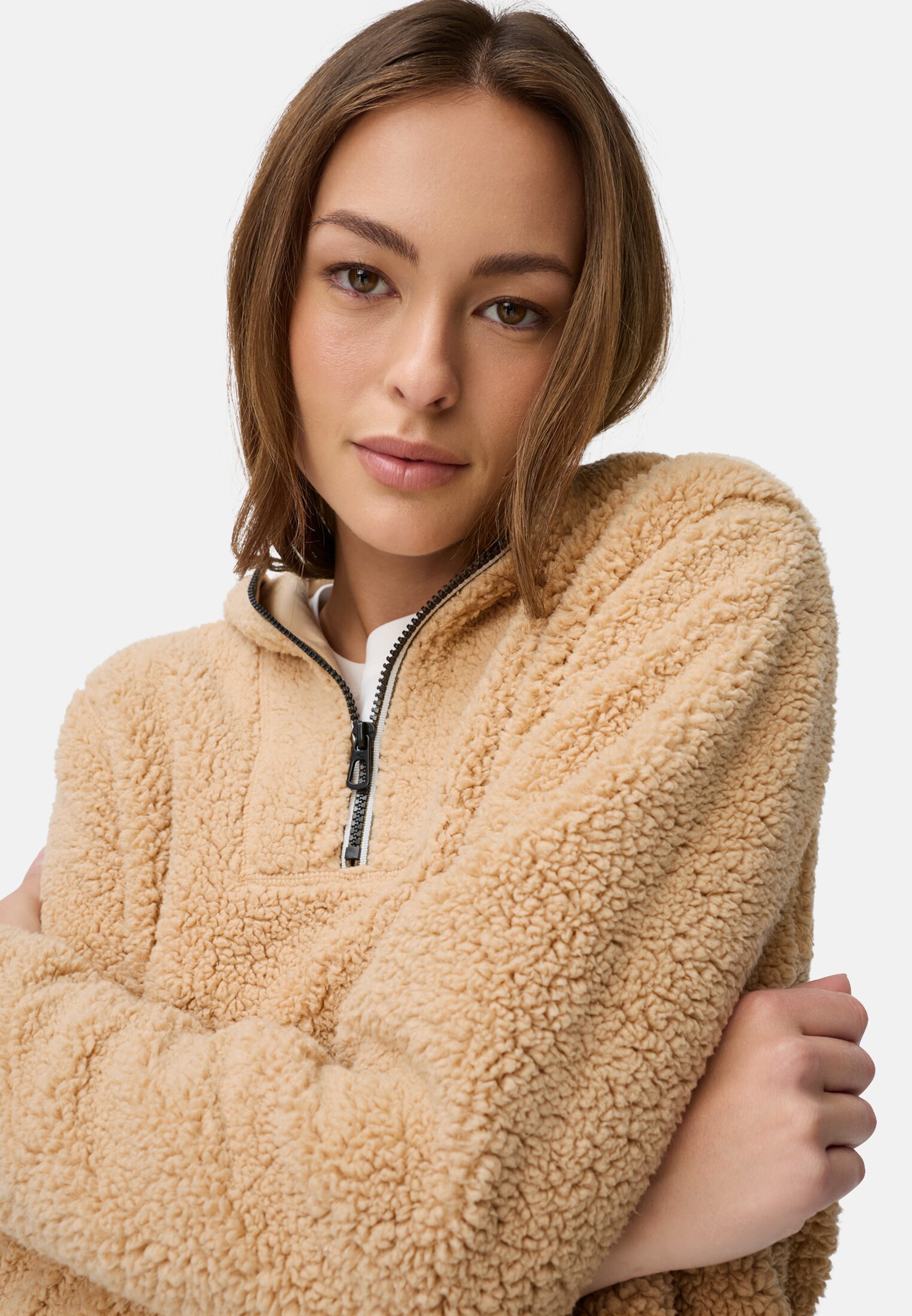 Women Hoodie with half-zip Caramel worn emotional