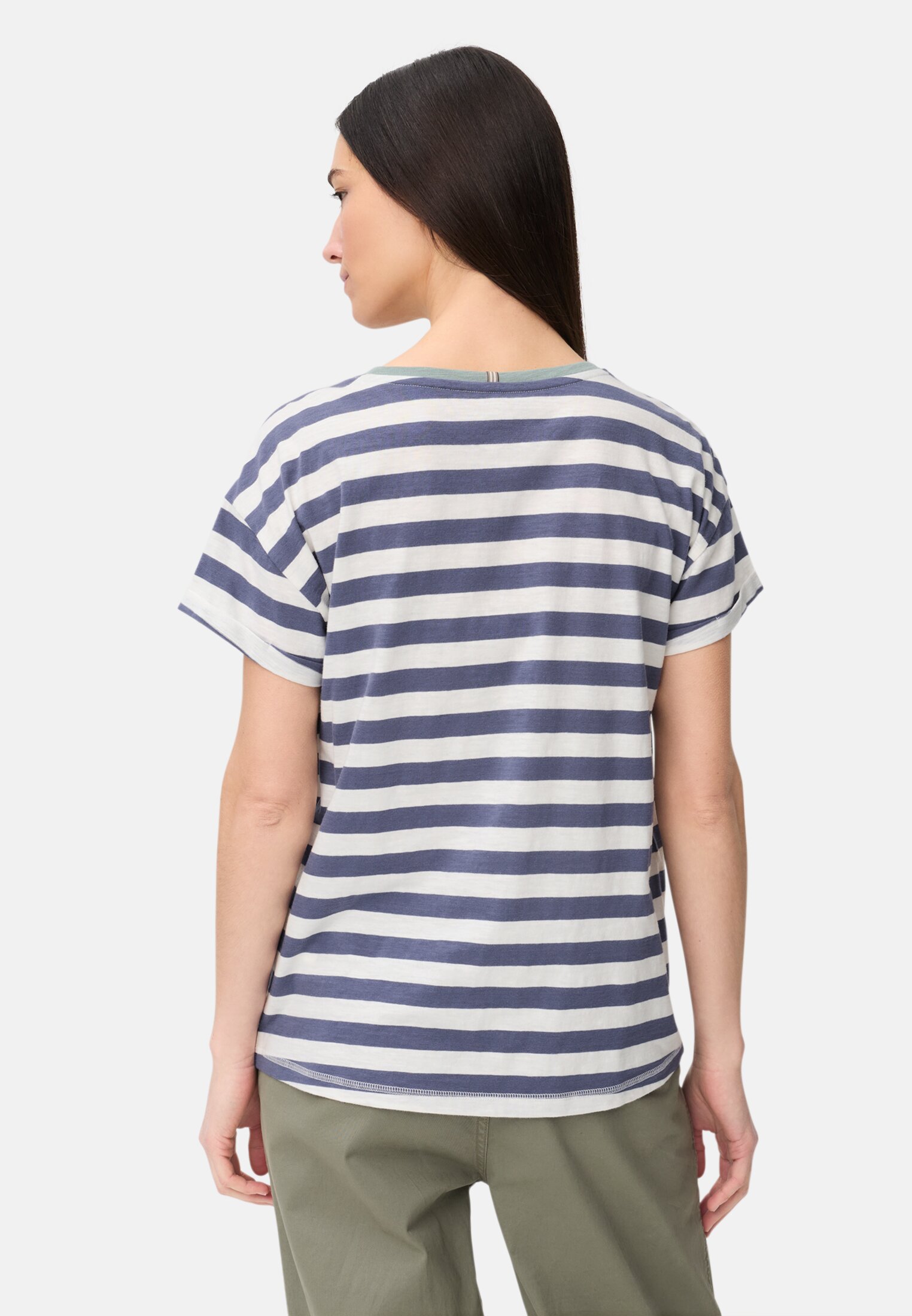 Damen T-Shirt aus reiner Baumwolle Ozeanblau getragen hinten
