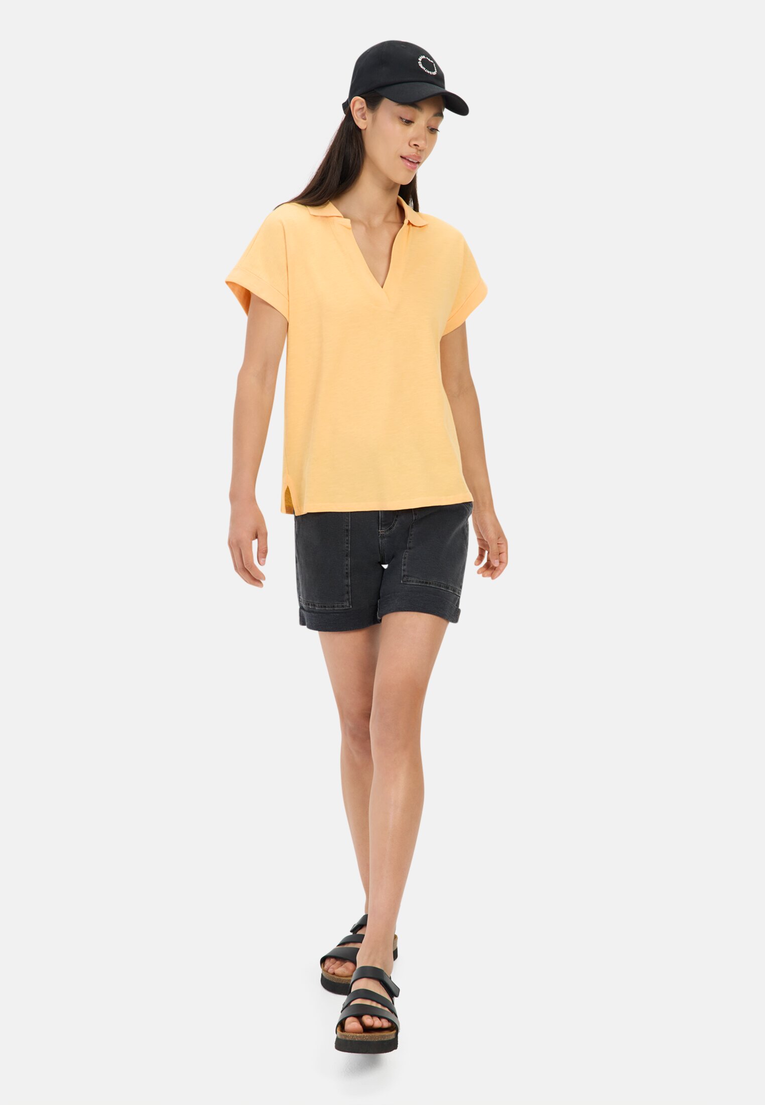 Women Short-sleeved shirt with polo collar Orange worn front full body