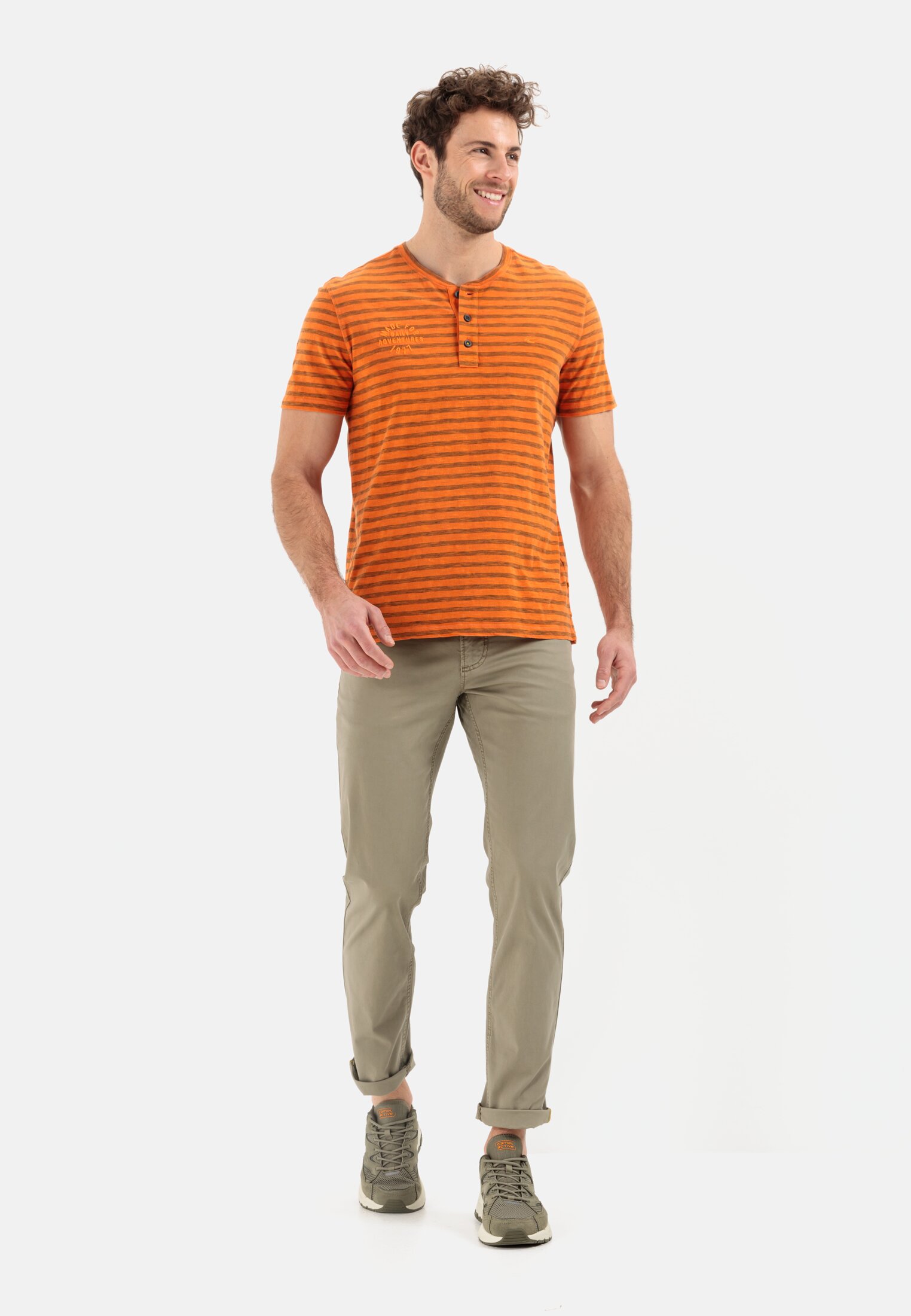 Men Henley shirt with striped pattern Orange worn front full body