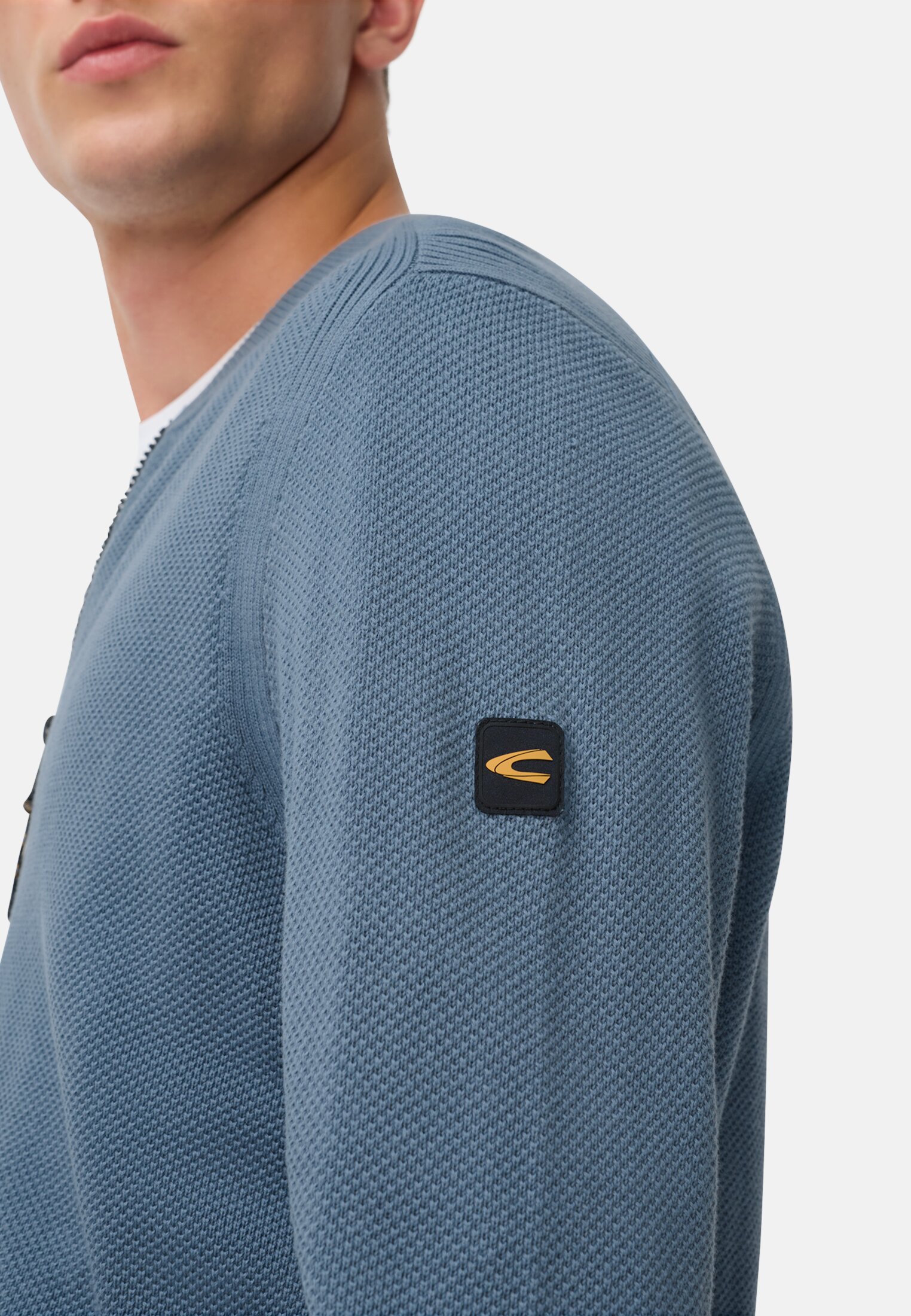 Men Bomber style cardigan Stone blue worn detail close