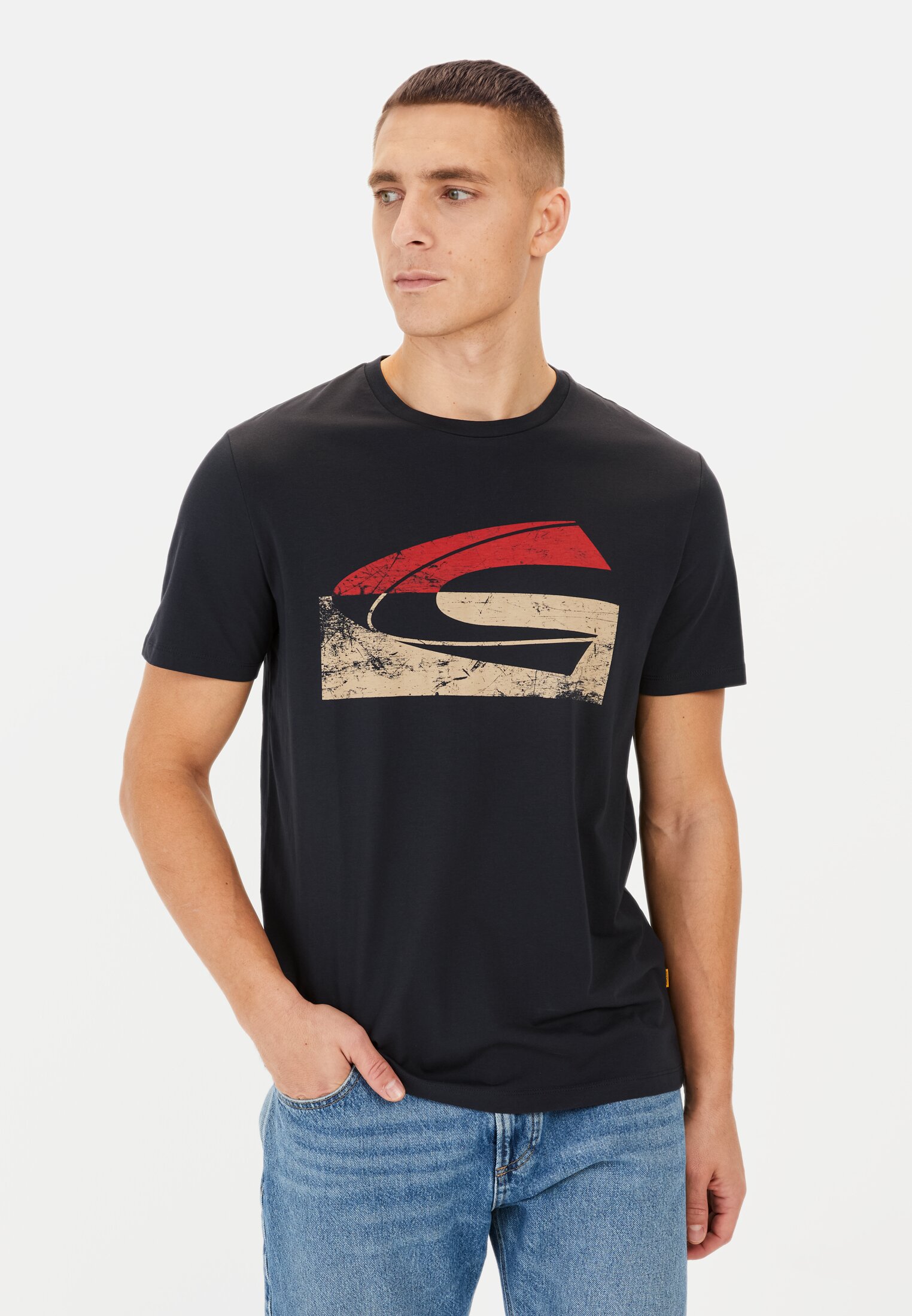 Herren T-Shirt mit Print Dunkelblau getragen vorn