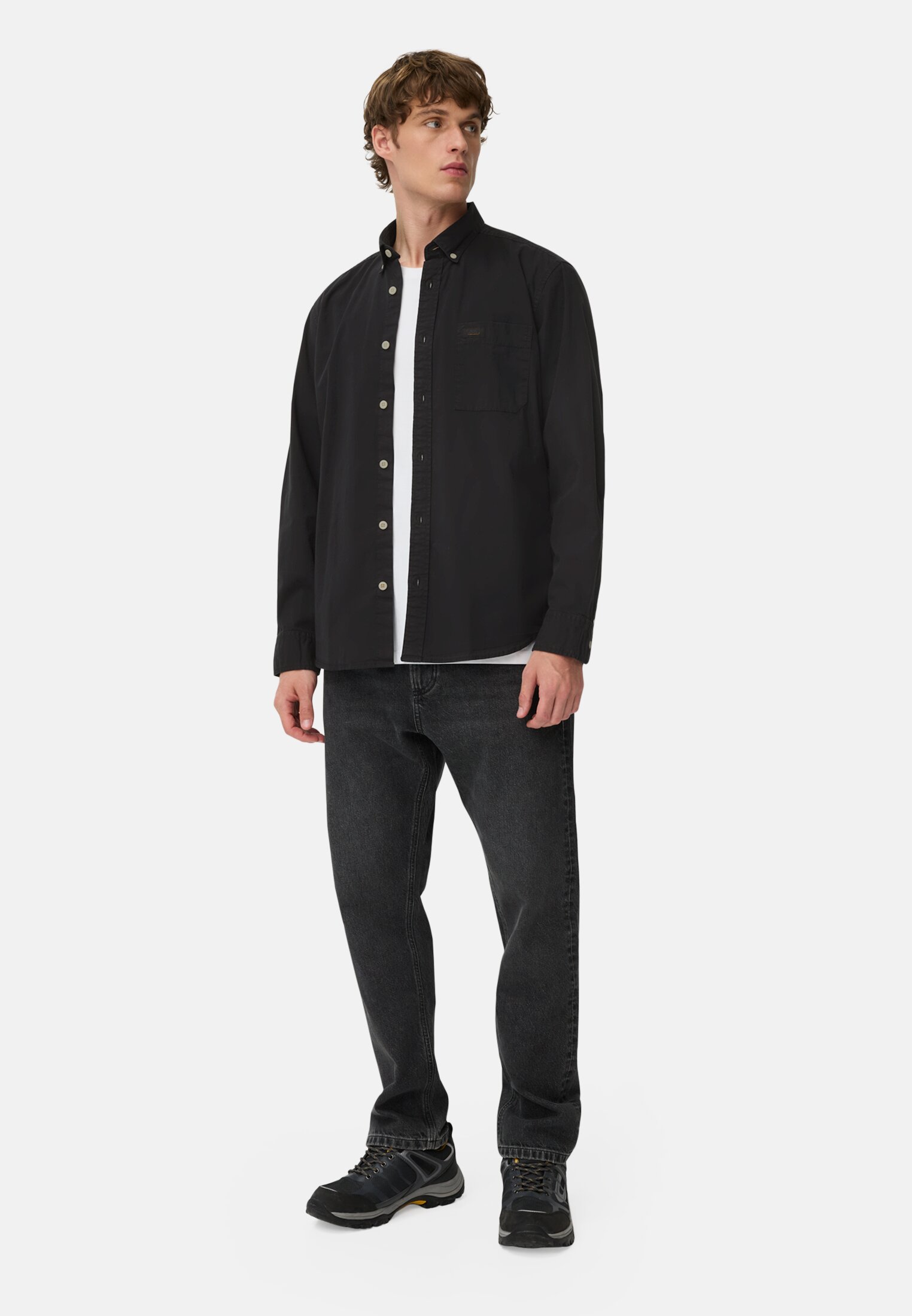 Men Long-sleeve shirt with button-down collar Black worn front full body