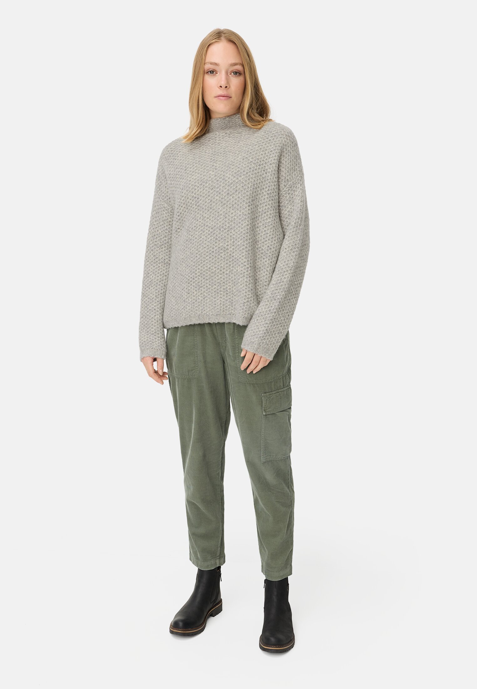 Women Knitted sweater with stand-up collar Gray worn front full body