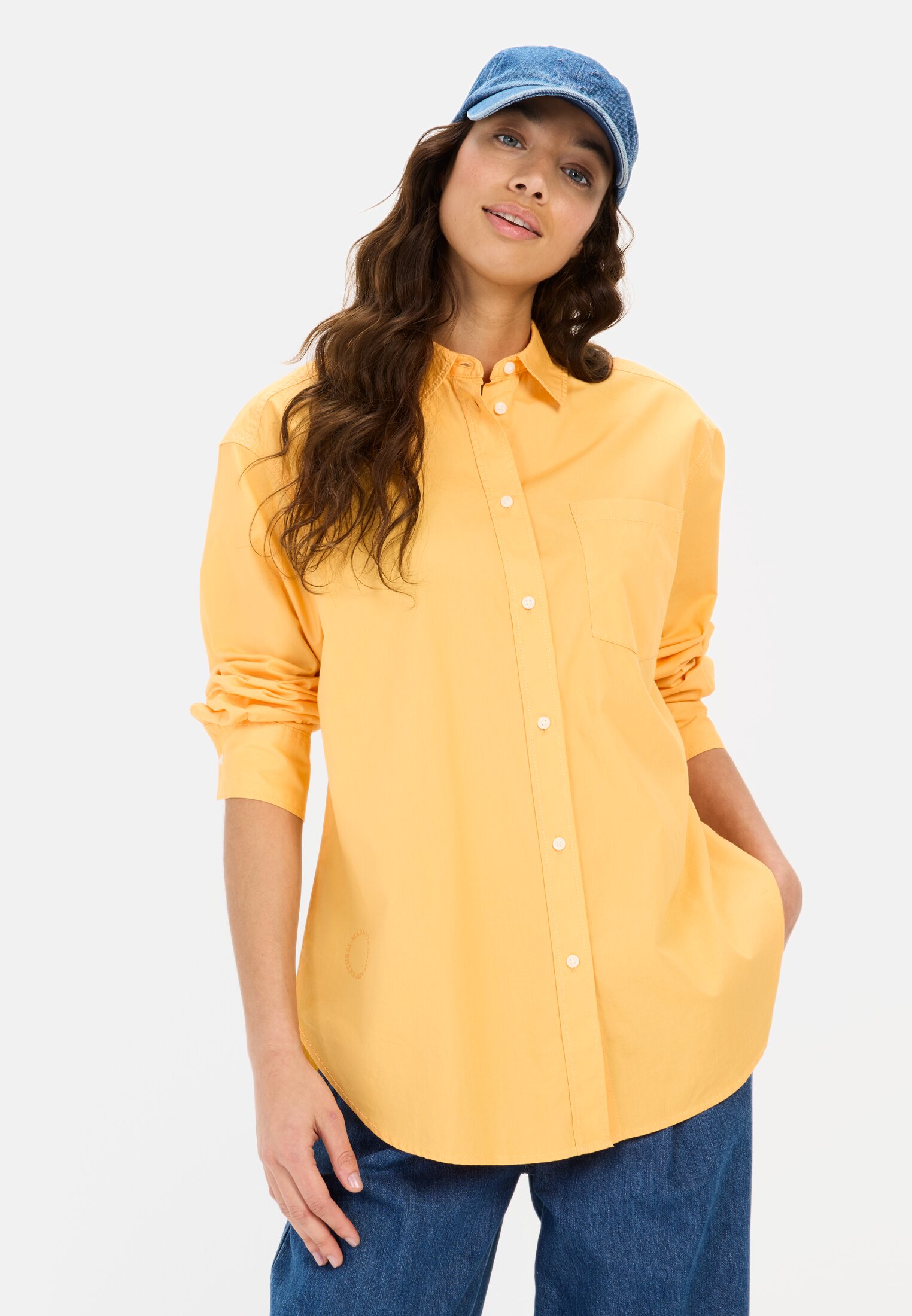 Women Shirt blouse made from cotton Apricot worn front